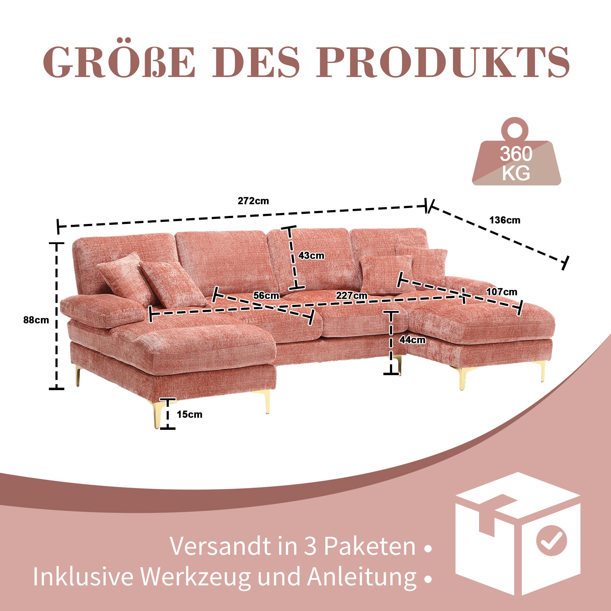 U-Shape Sectional Sofa, Large Double Reclining Seats, Chenille Pink