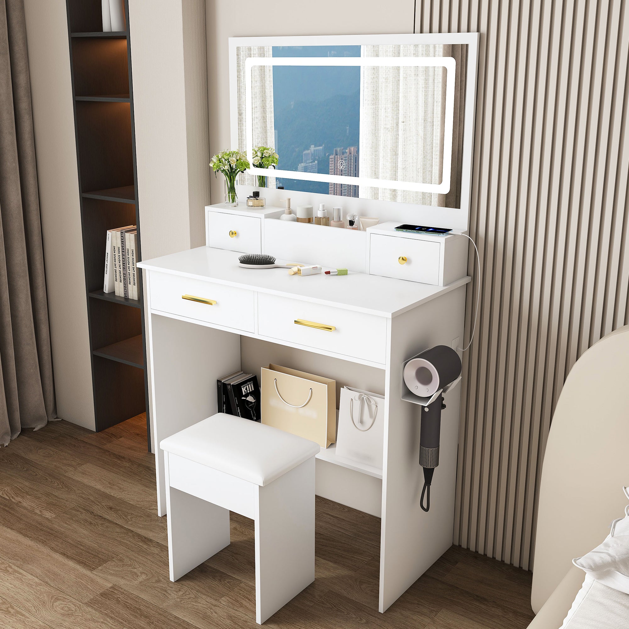 Dressing Table with XXL Mirror, Stool, 4 Drawers, LED Light - White
