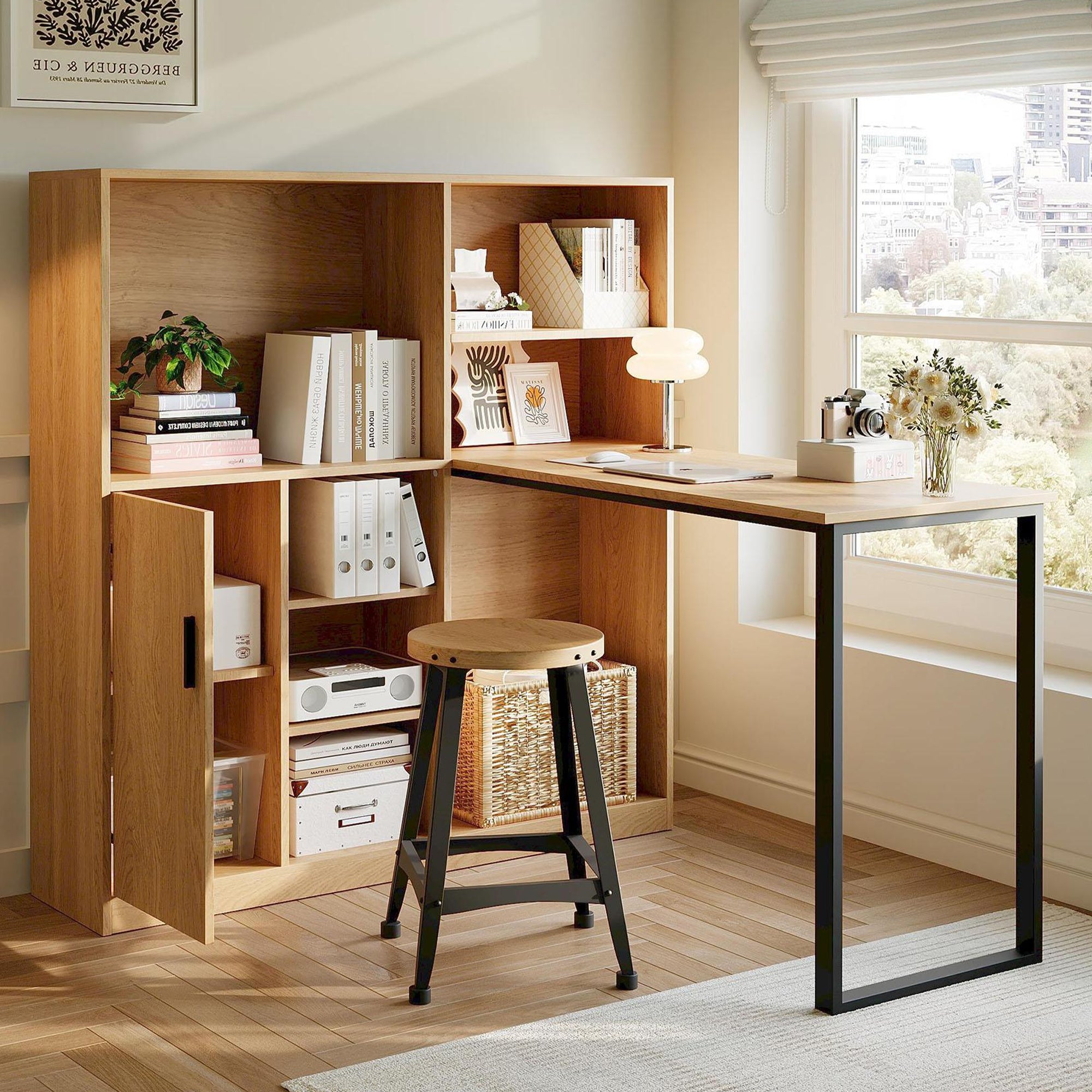 Computer Desk, Shelf & Cupboard, Work Table, Natural 120cm