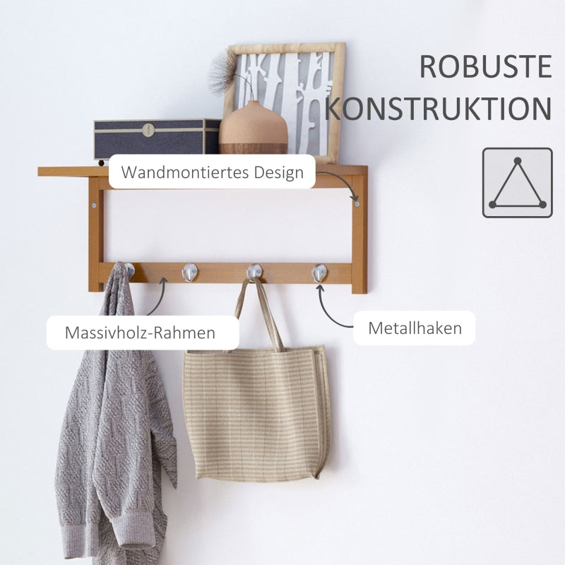 Wall-Mounted Coat Rack with Hooks, Space-Saving, Natural Wood