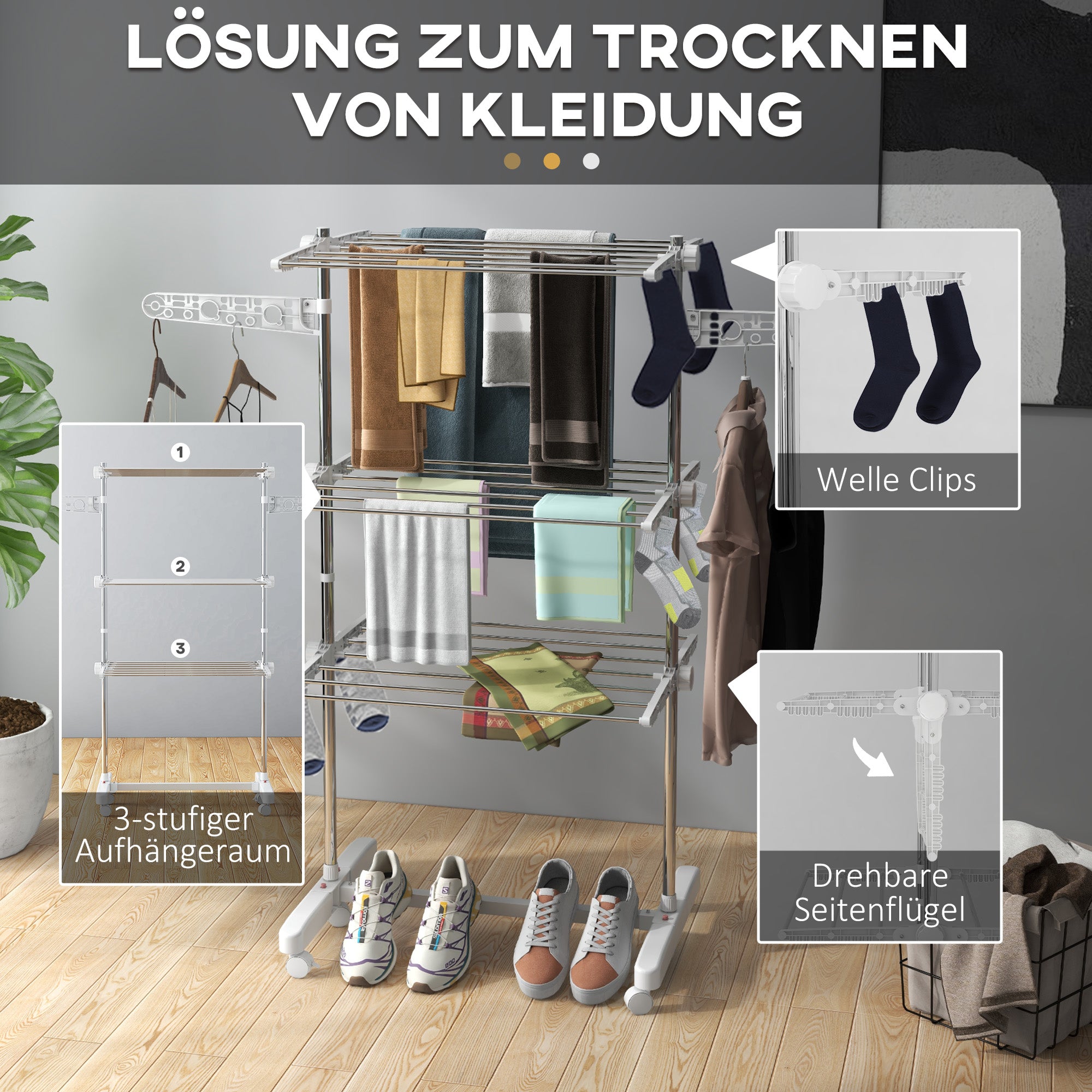 Mobile clothes dryer foldable 3 levels with wheels, for space-saving drying