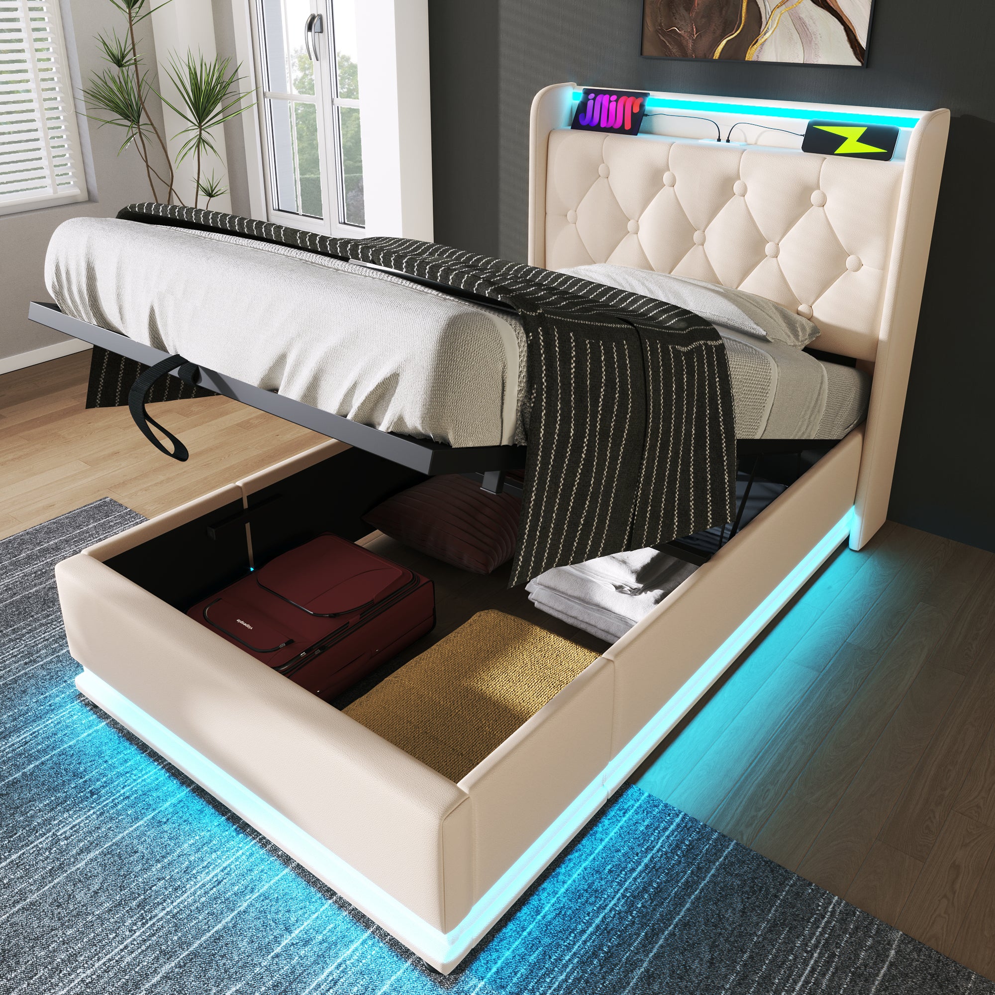 Upholstered Single Bed, 360° LED Hydraulic Storage, USB Type-C, White PU Leather
