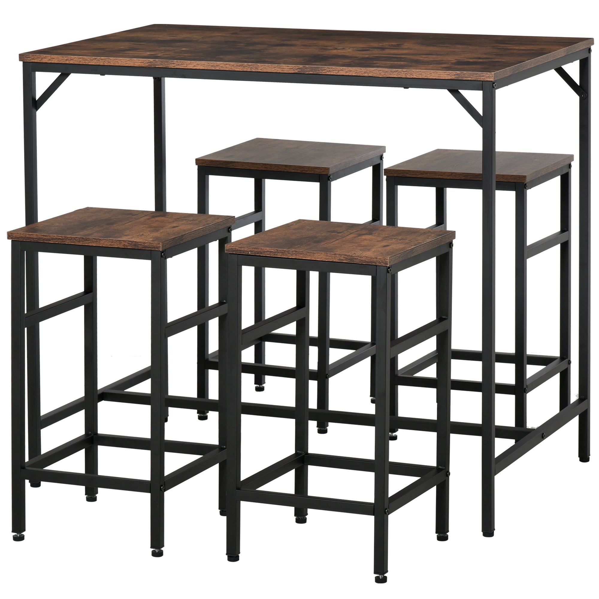 Bar Table Set, 5-Piece Standing Table with 4 Stools, Rustic Brown/Black Chipboard/Steel