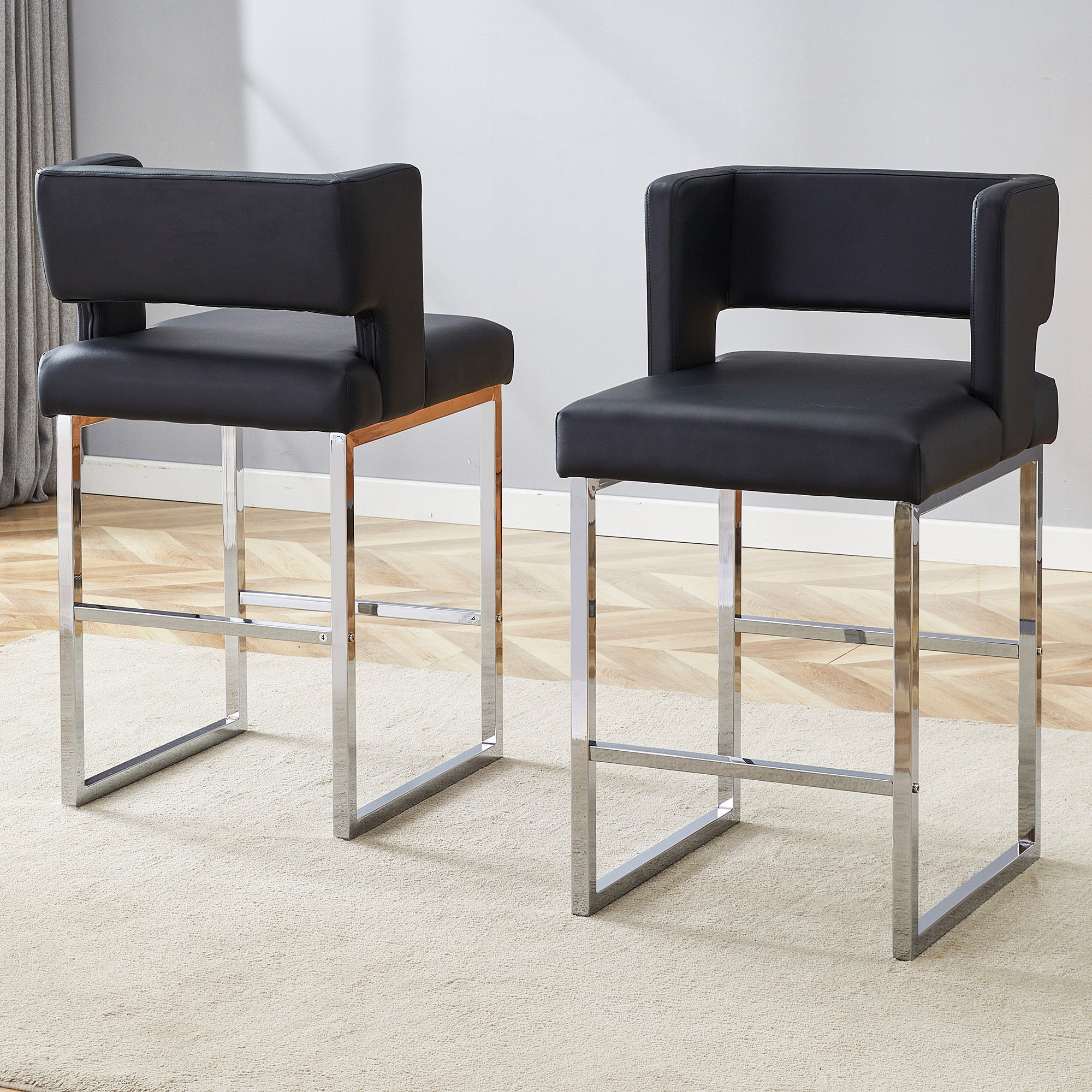 Set of 2 Bar Stools, Nordic Style Square Design Silver Metal Legs, Black