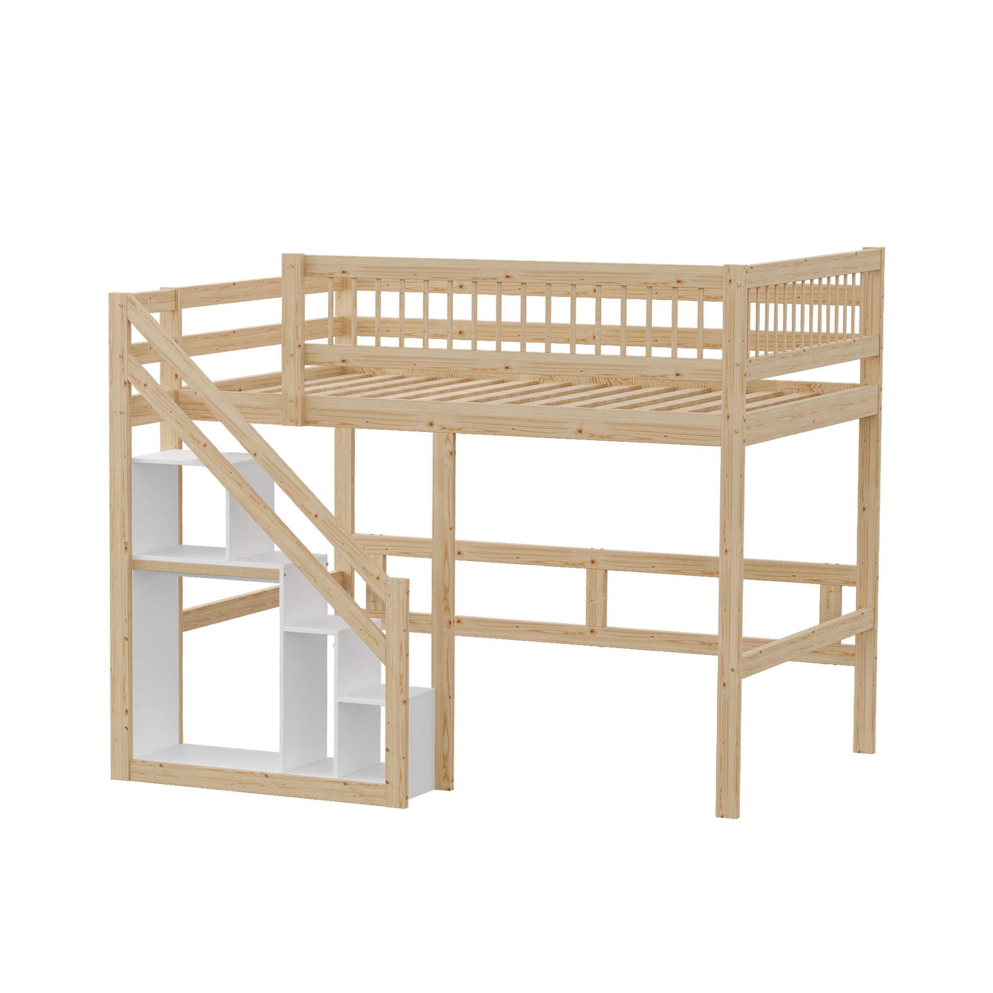 Solid wood bed 140*200, stairs with storage, high railing, wood colour