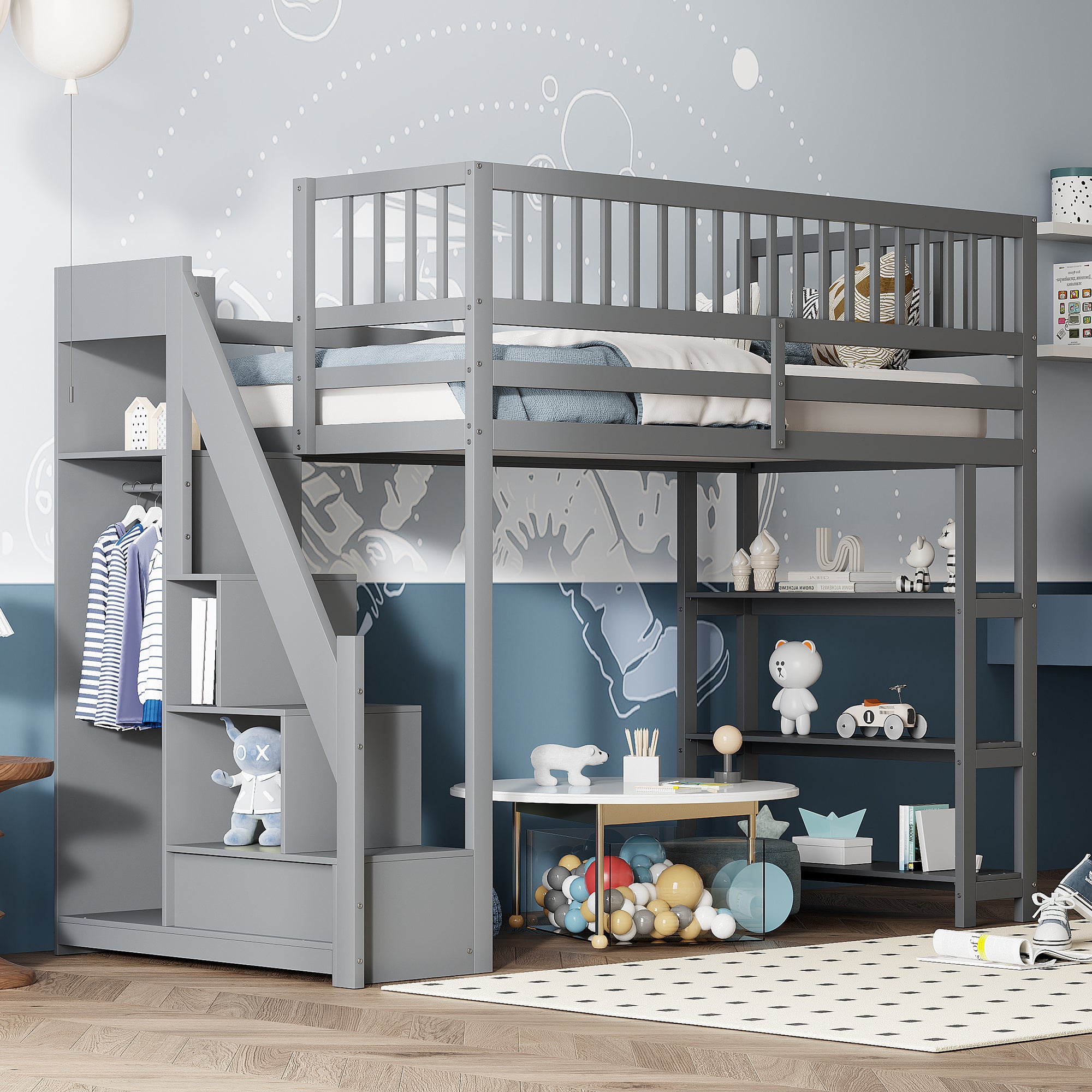 Loft Bed, 90x200 Multifunctional with Wardrobe & Storage, Grey Wooden