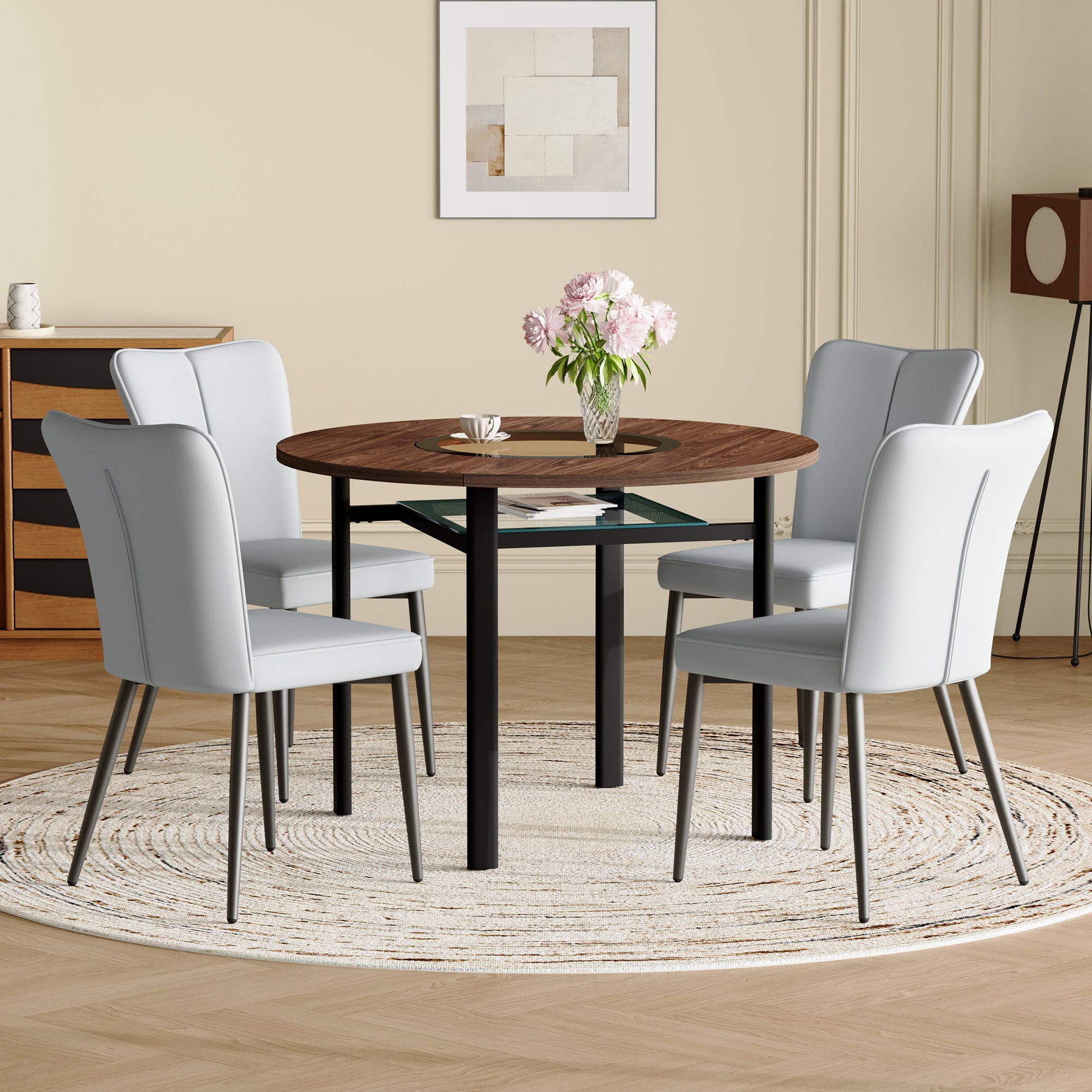 Modern Minimalist Round Dining Table Set, 100cm Diameter 4 Chairs Wood Look/Light Grey PU
