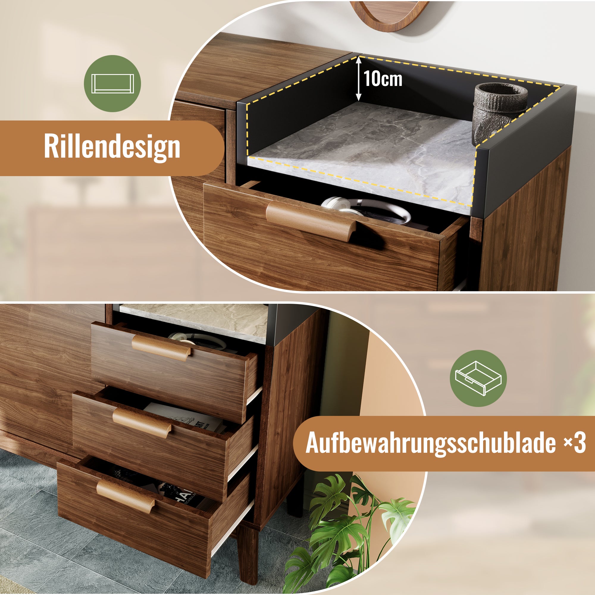 Chest of Drawers, Open Shelf, 3 Drawers & Double-Door Cabinet, Oak with Marble-Effect