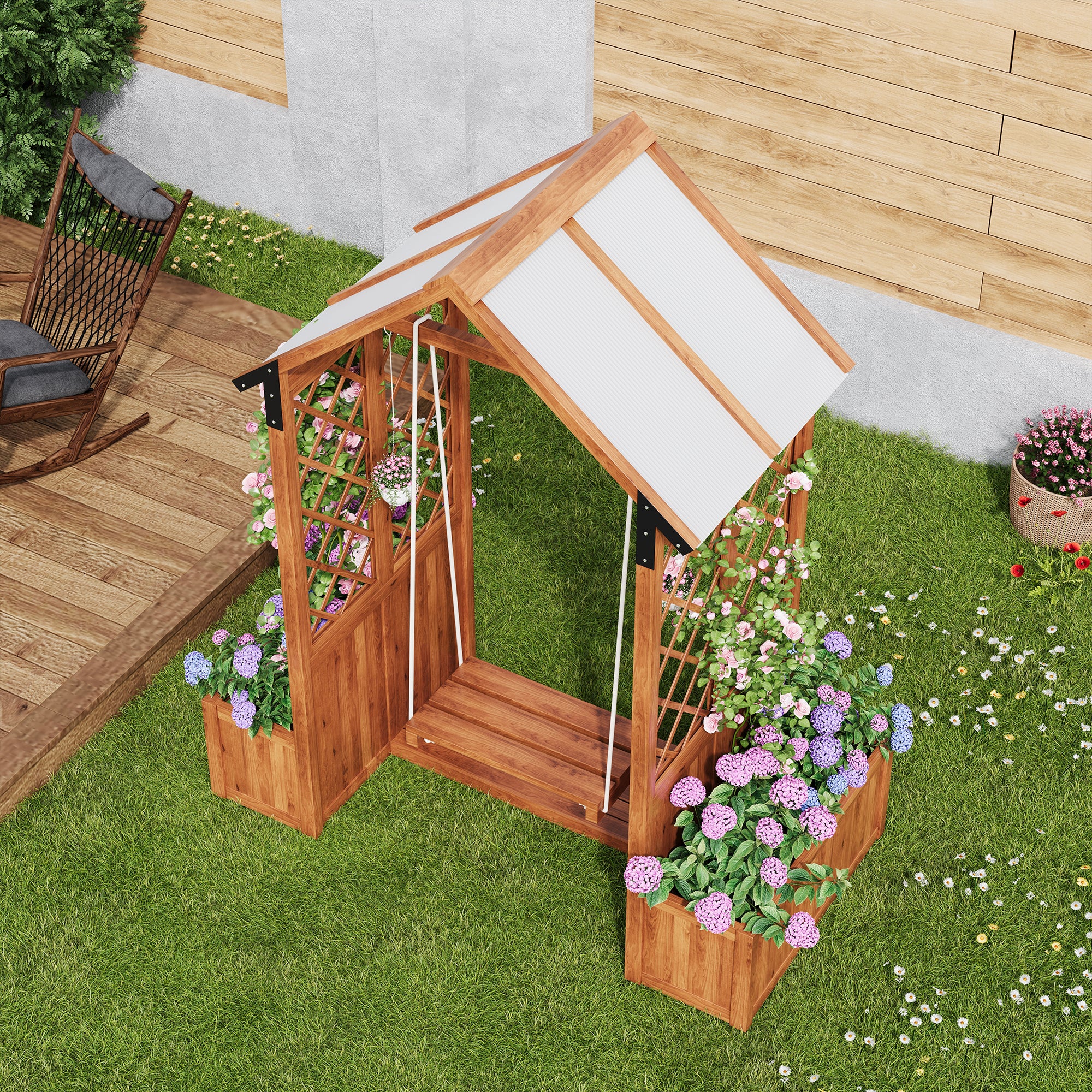 Planter with Trellis and Sunroof, Brown Solid Wood