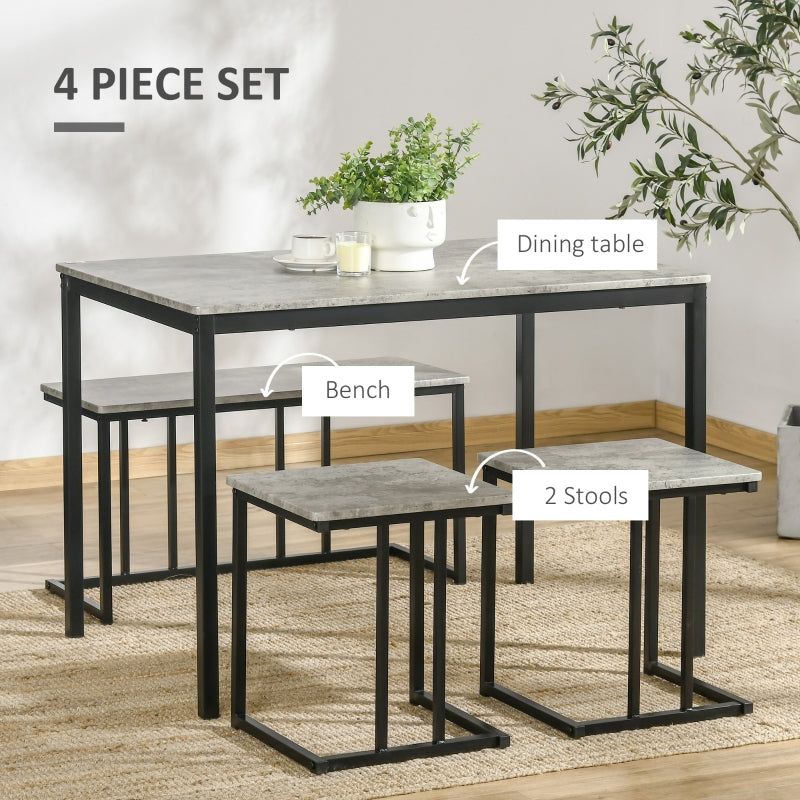 Dining Table and Chairs Set for 4 People, 4 Piece Bench Set with Steel Frame, Grey