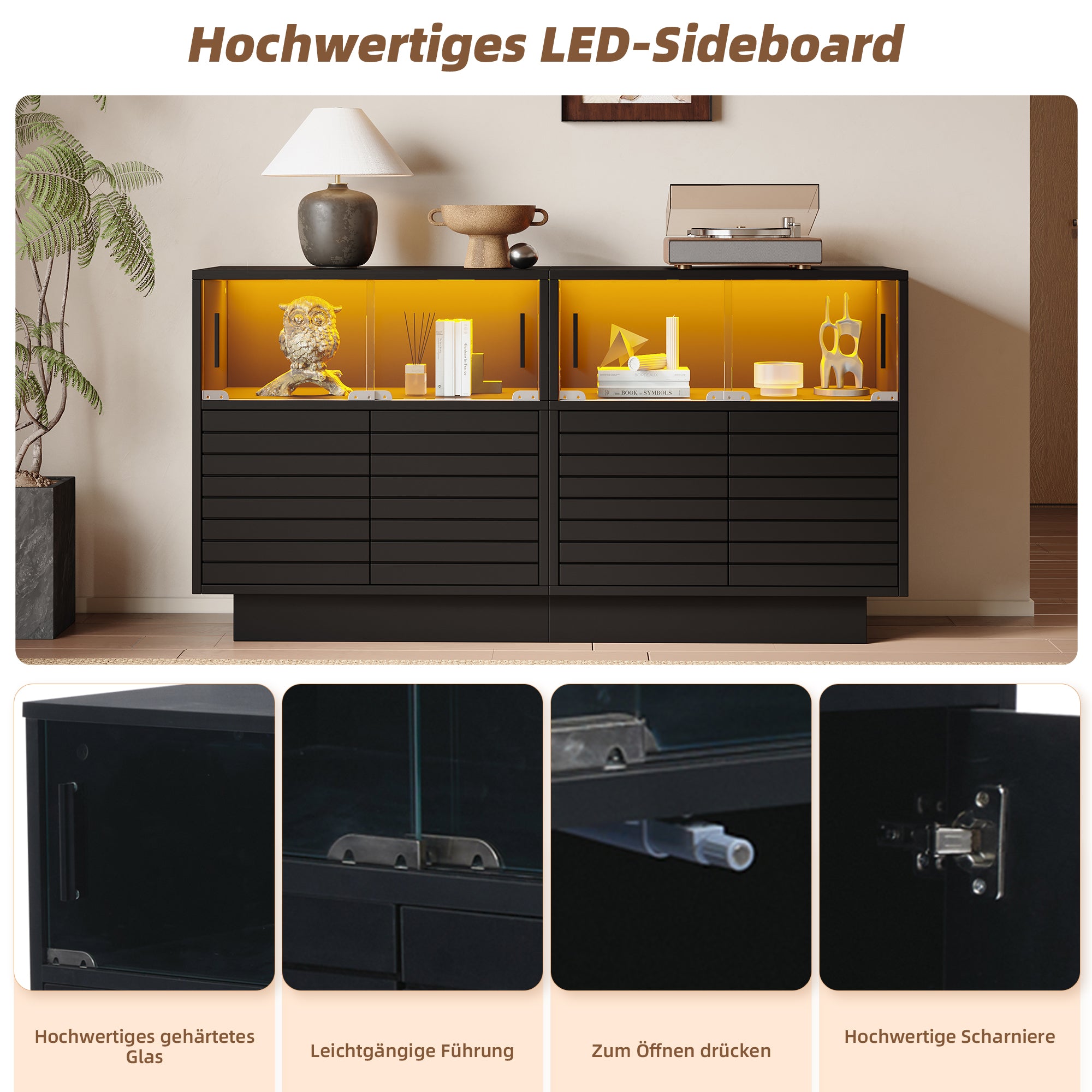 Sideboard, 130cm Glass Door Cabinet with LED Light, Modern Highboard