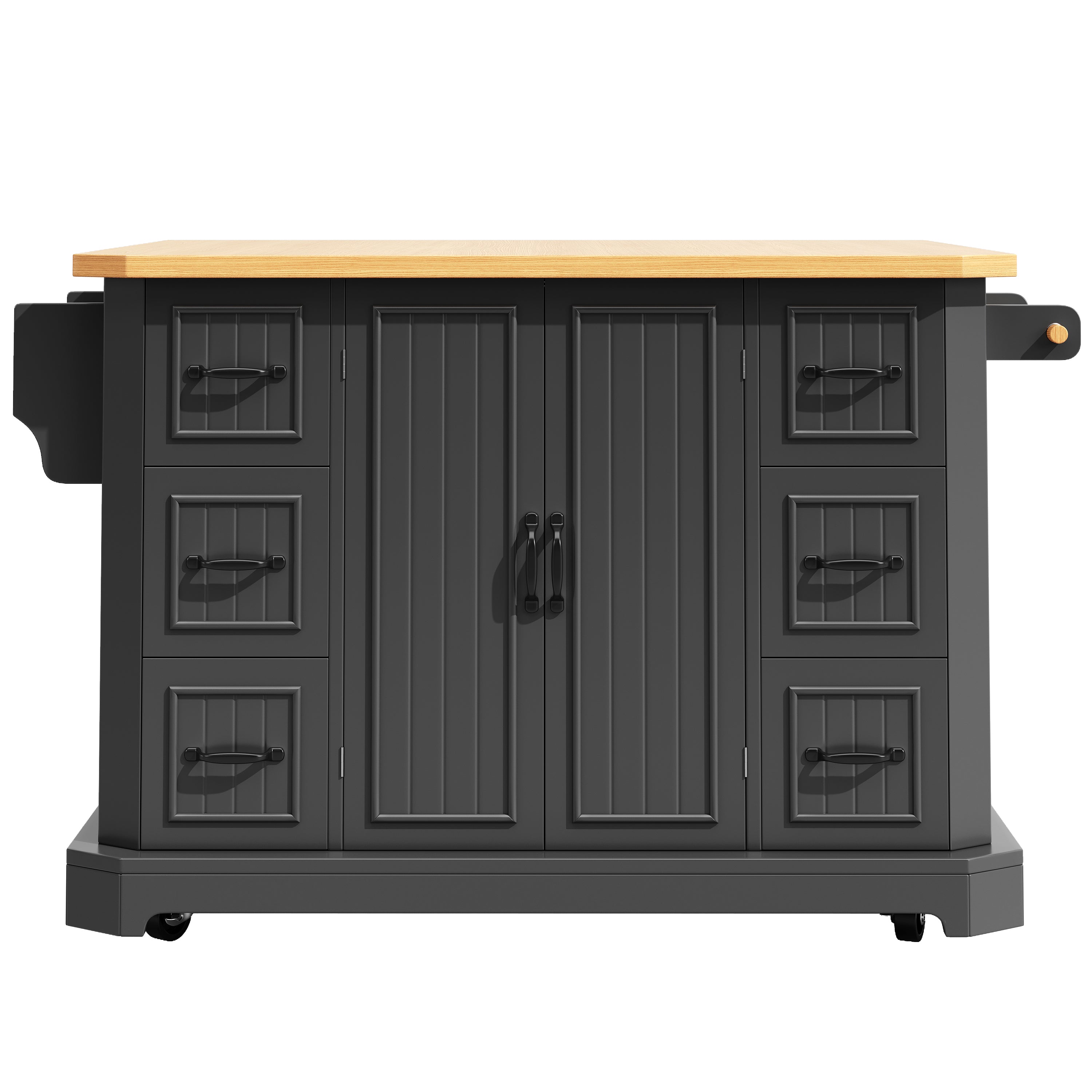 Mobile Kitchen Island with 2 Doors and 6 Drawers, White and Black