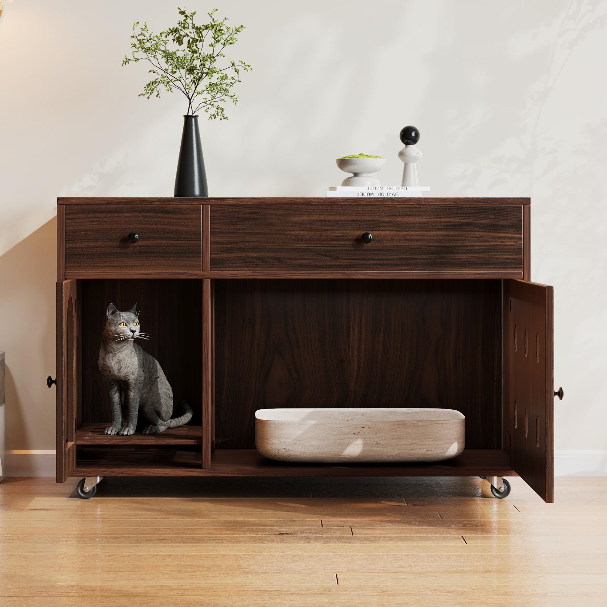 Cat Litter Box Cabinet Mobile Odor-Insulated Removable Sand Drain 100x45x66 cm - Walnut Color