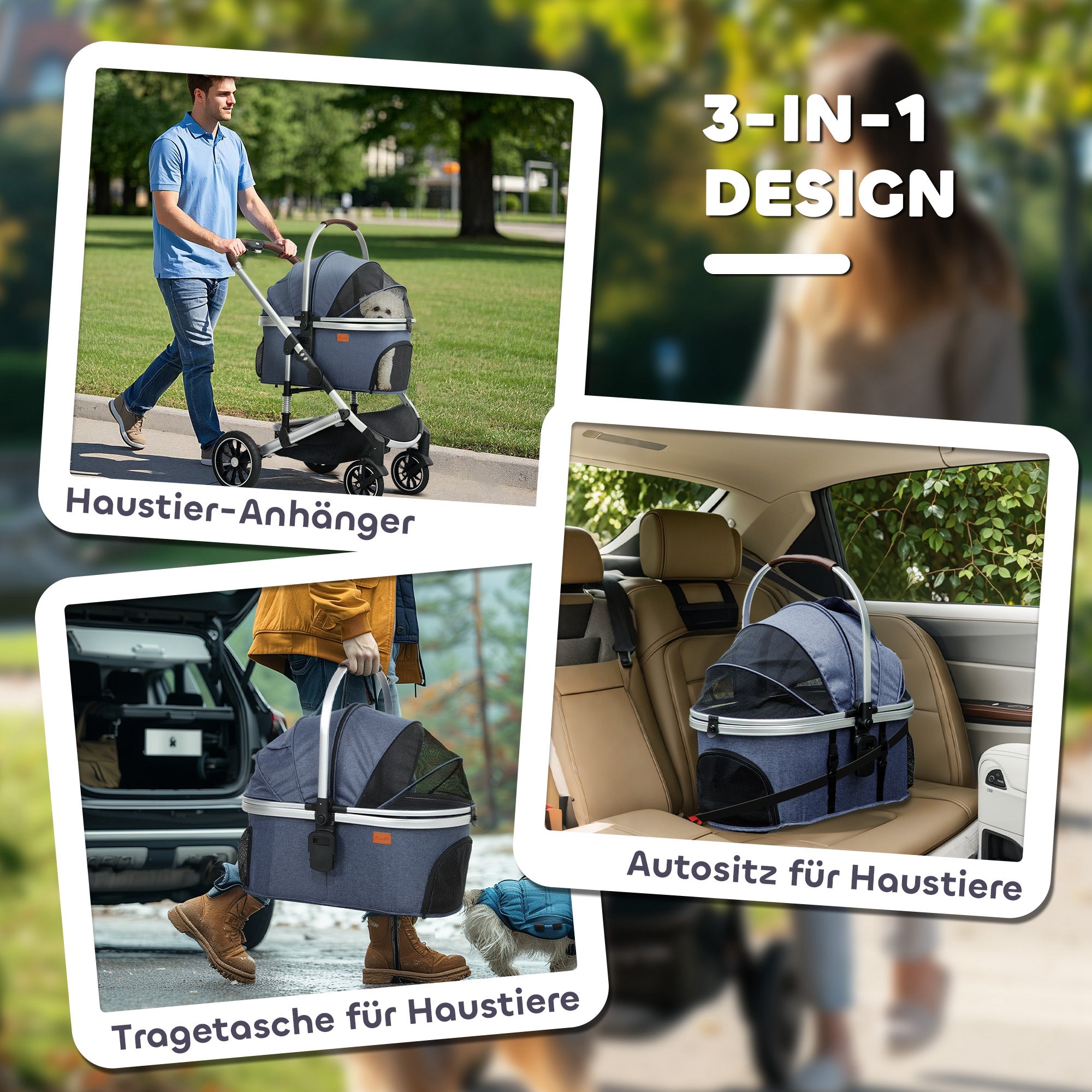 Dog Stroller, 3-in-1 Foldable Buggy with Cushion, Dark Blue