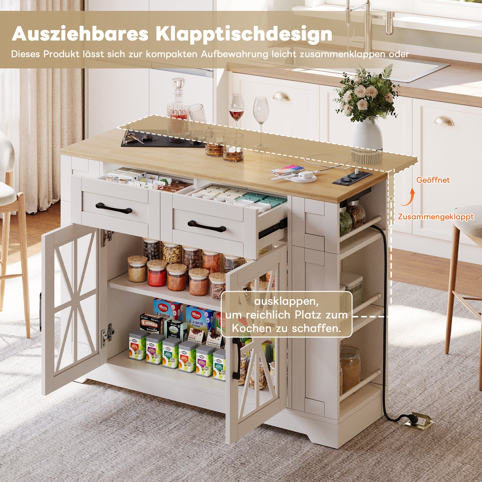 Portable Kitchen Island 120cm Folding Dining Table USB Charging Storage on Casters