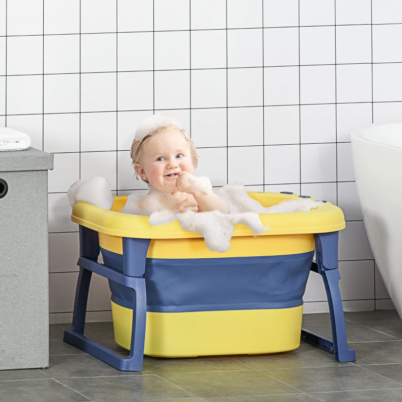 Baby Bathtub Collapsible Non-Slip Portable with Stool Seat Yellow