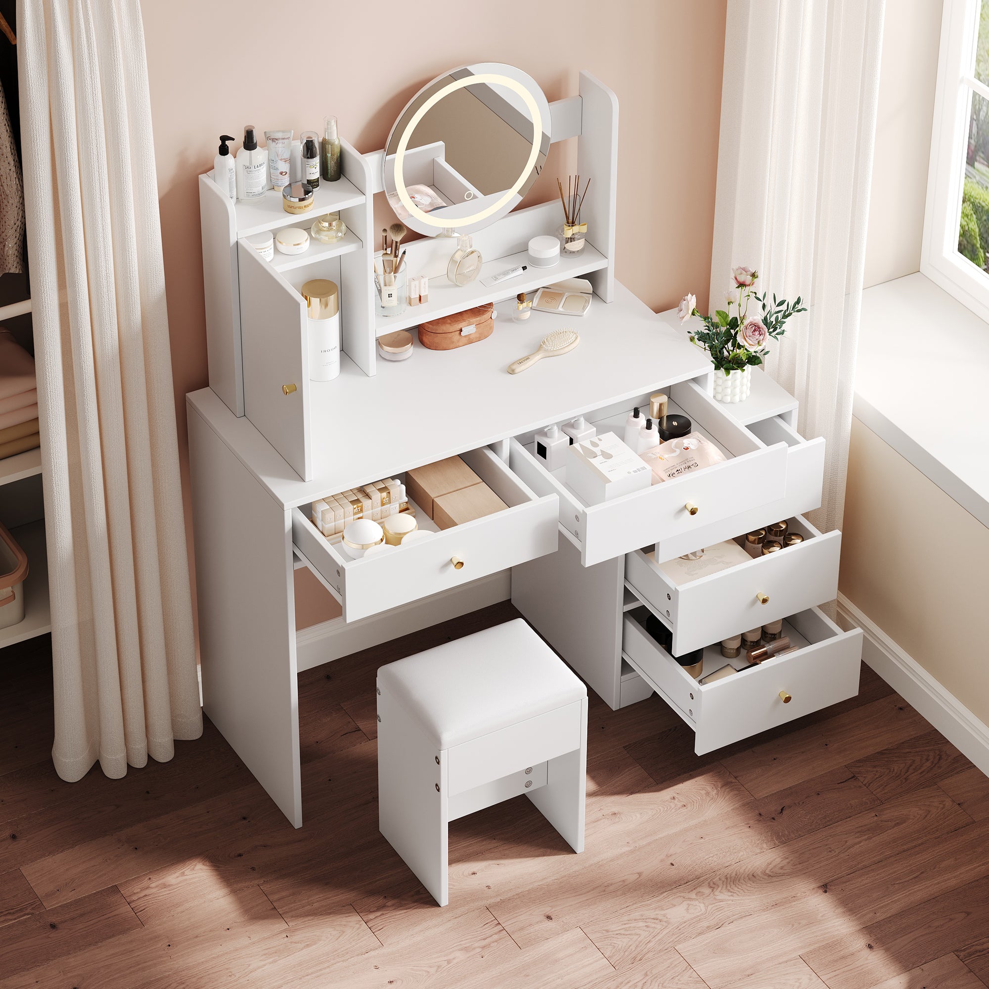 Dressing Table with Dimmable LED Lighting, Integrated Outlets, Mirror, Stool, 5 Drawers, Door Compartment, White