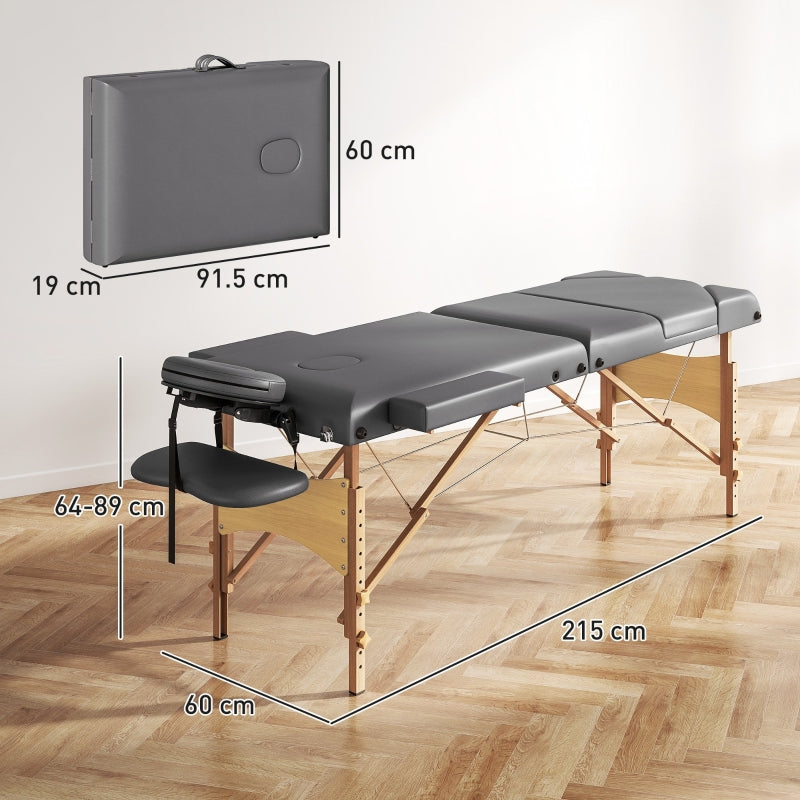 Foldable Massage Table, Adjustable Height Portable with Beech Wood Legs - Grey