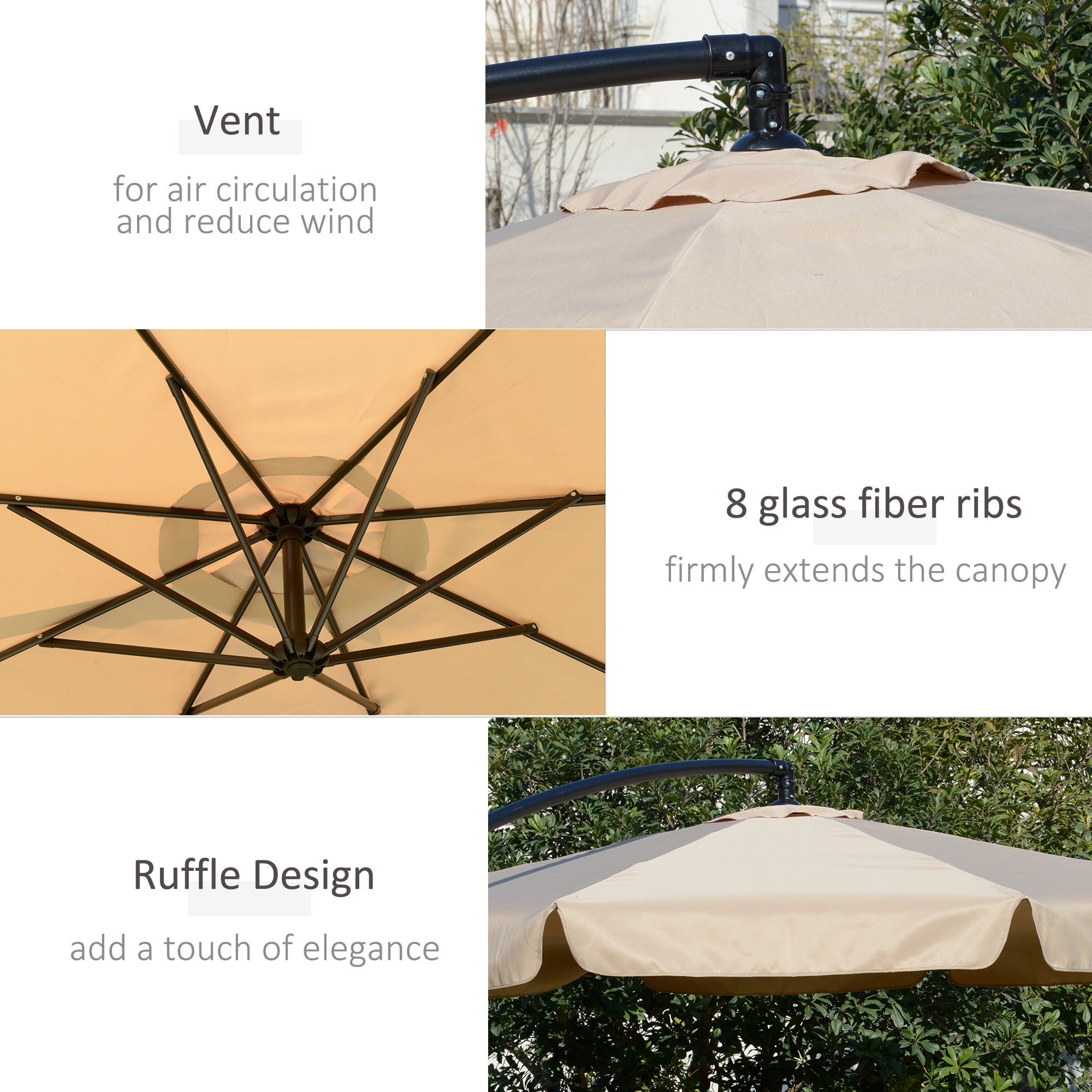 2.7m Cantilever Parasol Sun Umbrella with Crank Handle and Cross Base, Light Brown