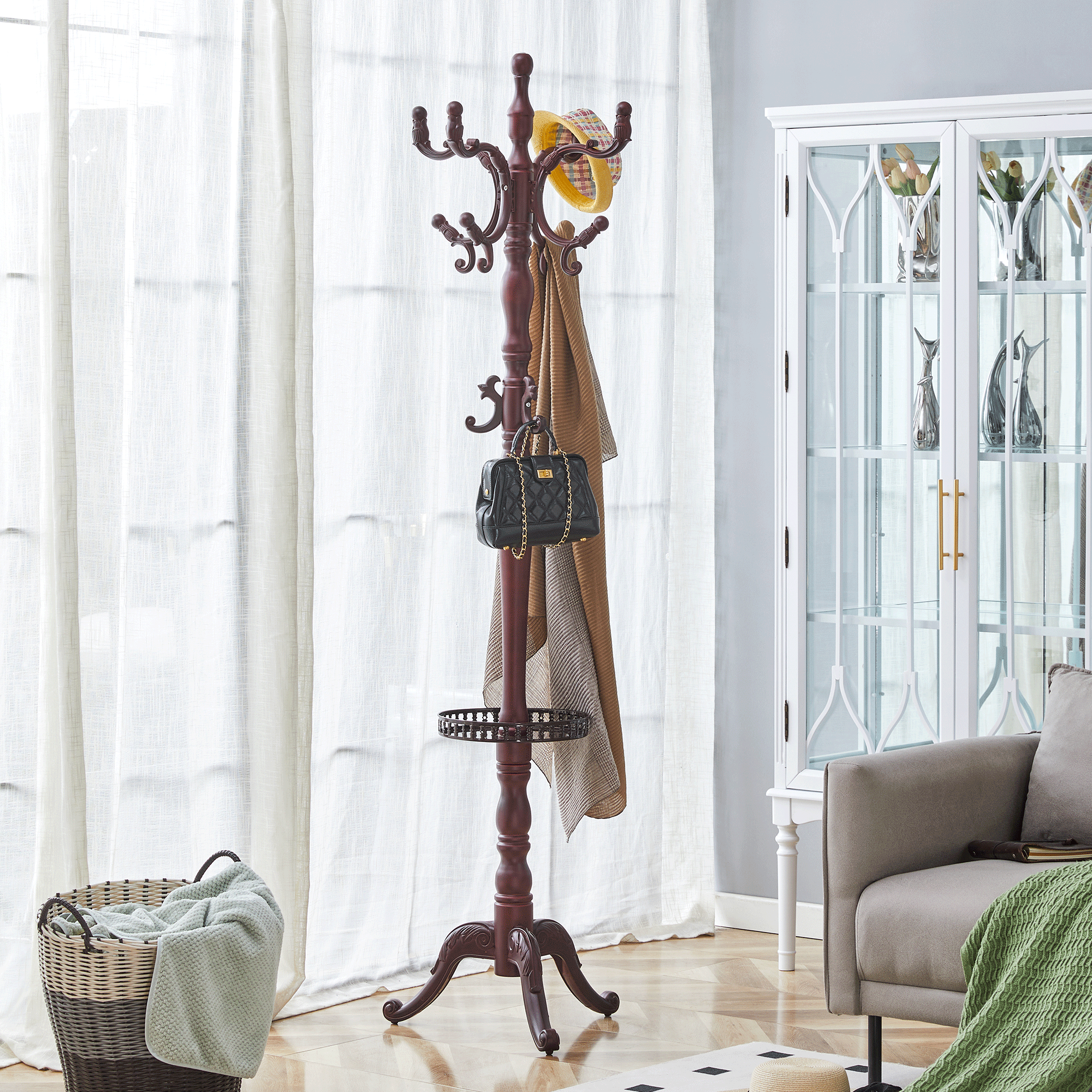 Clothes Rack Multi-Hook Freestanding - Solid Walnut Wood