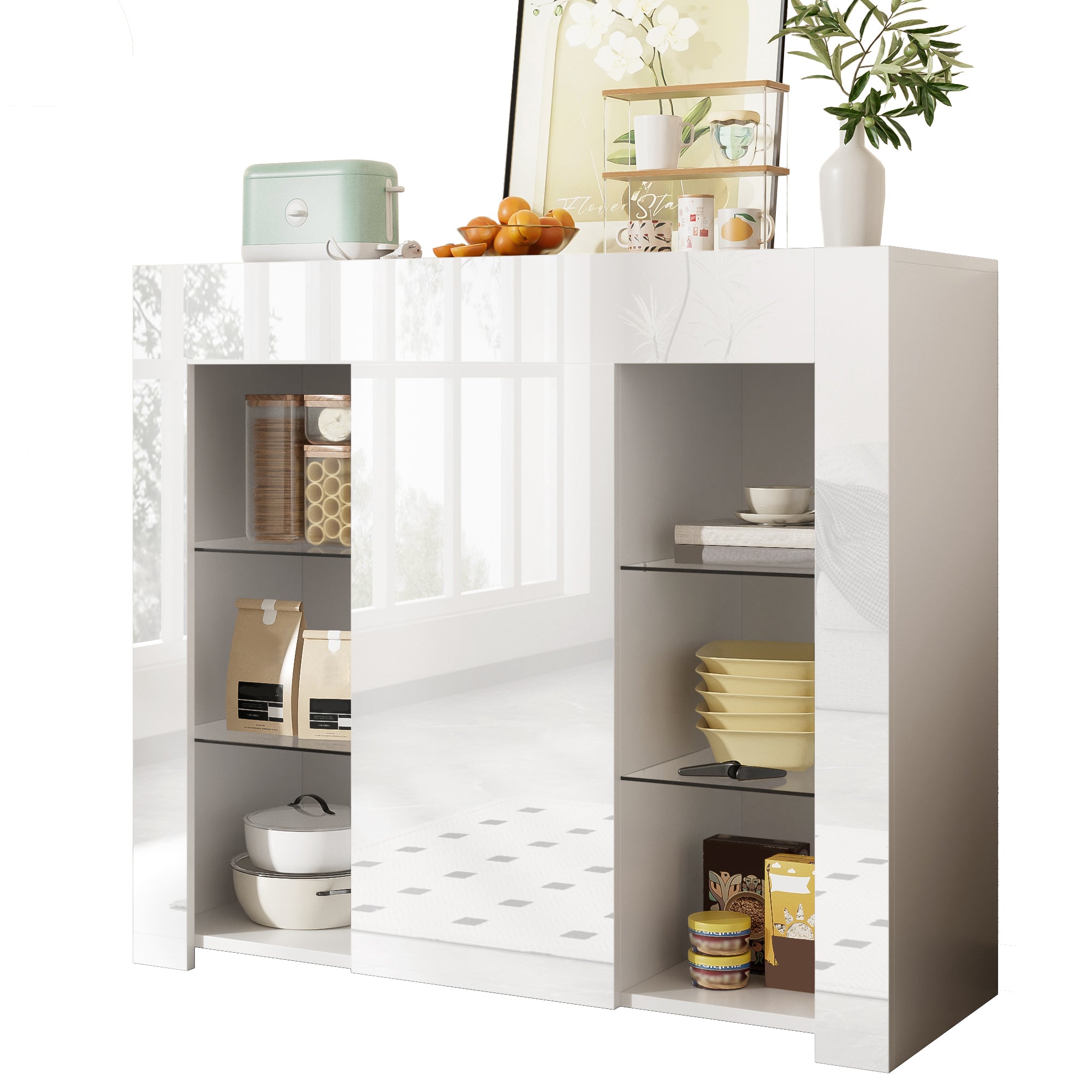 Modern Buffet with Glass Shelves & Cabinet Door, White