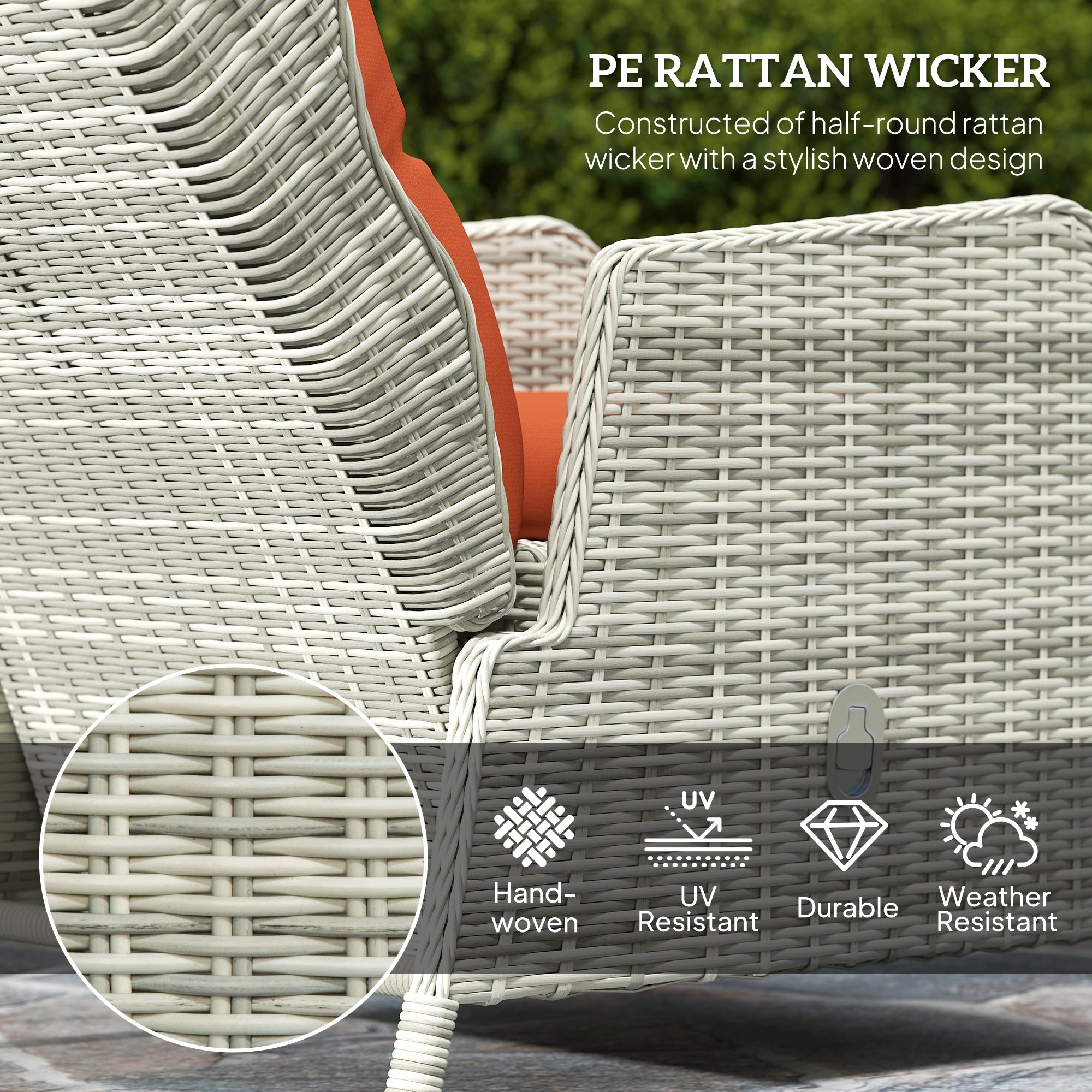 5 Pieces Rattan Bistro Set, Adjustable Reclining Chairs with Cushions and Glass Top Table, Orange