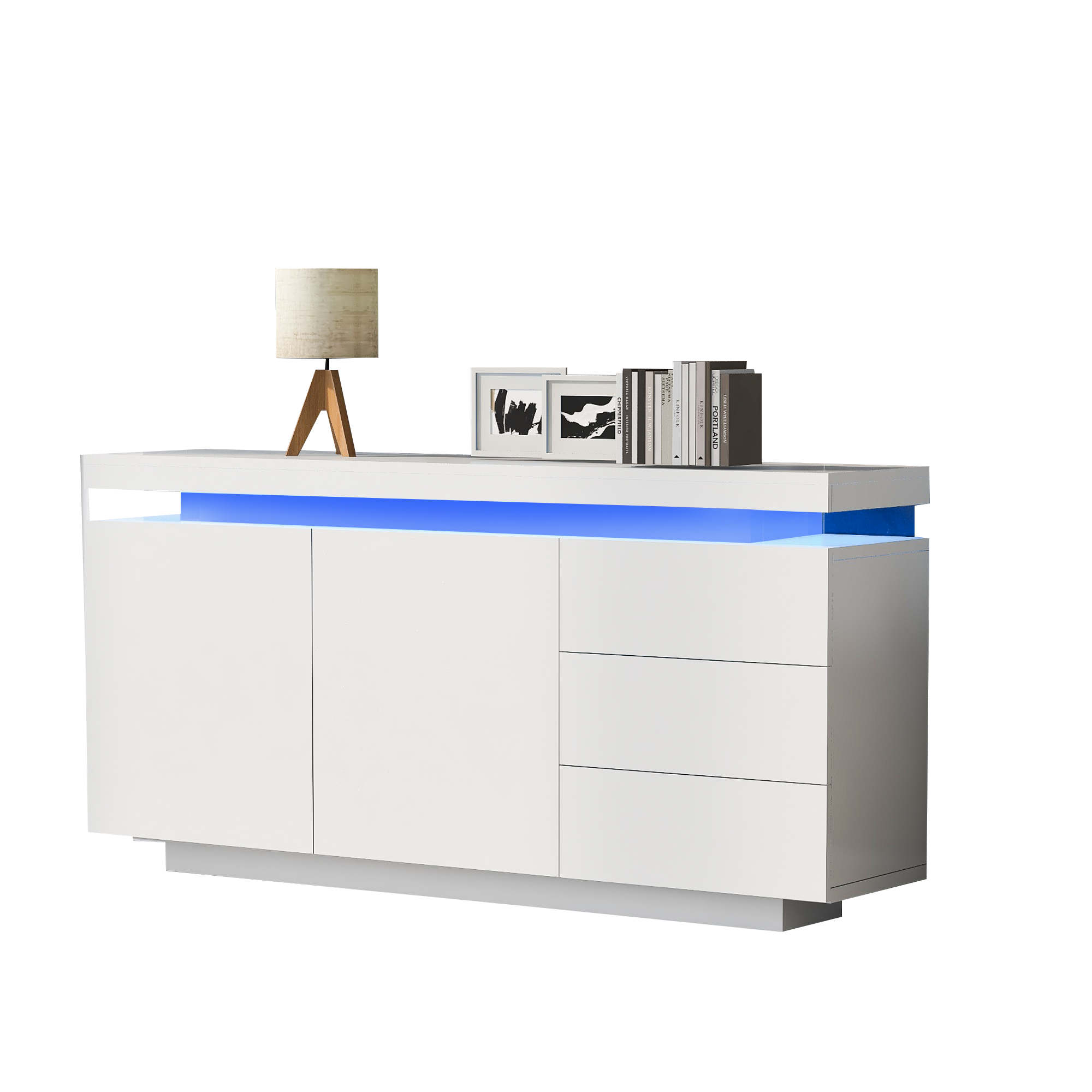 Sideboard Cabinet Modern Living Room with LED Light, 2 Doors 3 Drawers, High Gloss White