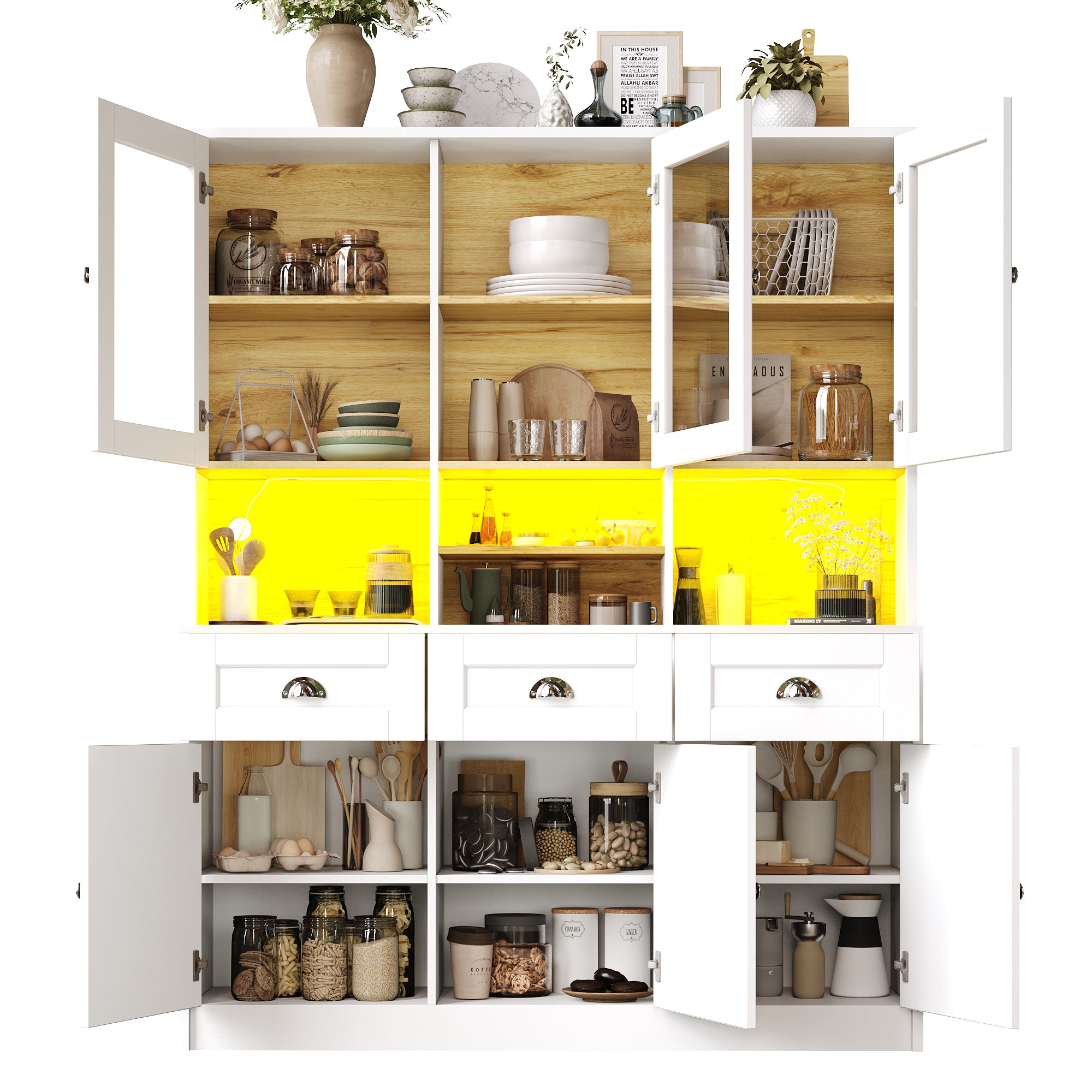 Tall Kitchen Cabinet 140x40x175cm Adjustable Shelves LED Lighting White/Black