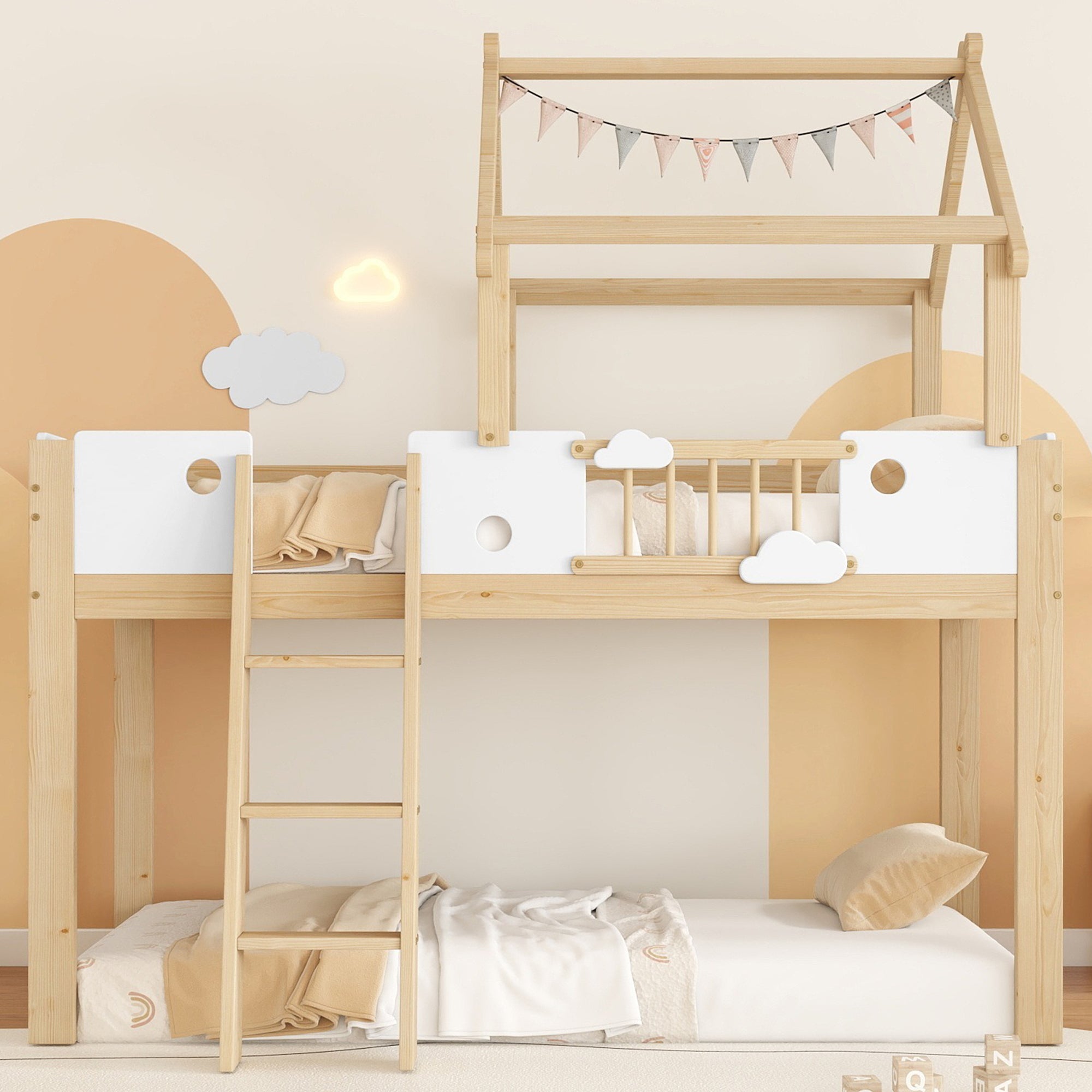 Loft Bed, Children's with Fall Protection & Rails, Roof Design, 3-Step Ladder, Pine+MDF+Plywood, White+Natural