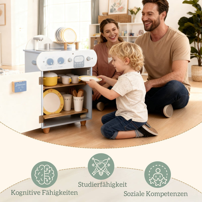 Children's Dishwashing Set with Wooden Dishwasher and 32 Accessories, MDF, Light Blue