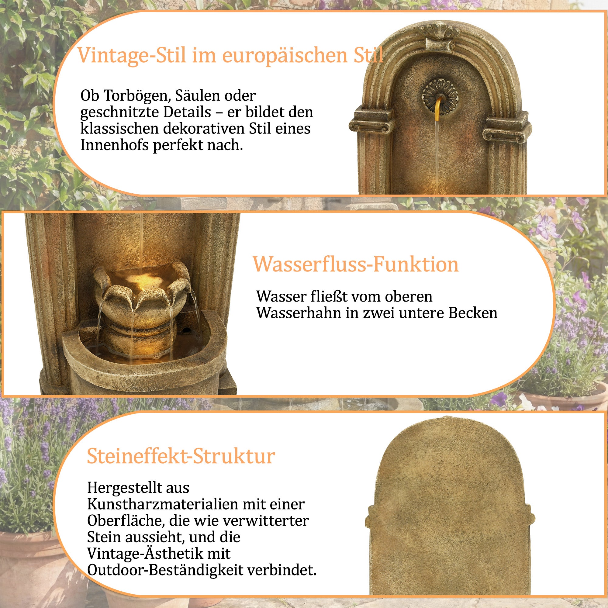 Garden Fountain with 230V Waterfall and Arched Design, Antique Style Metal