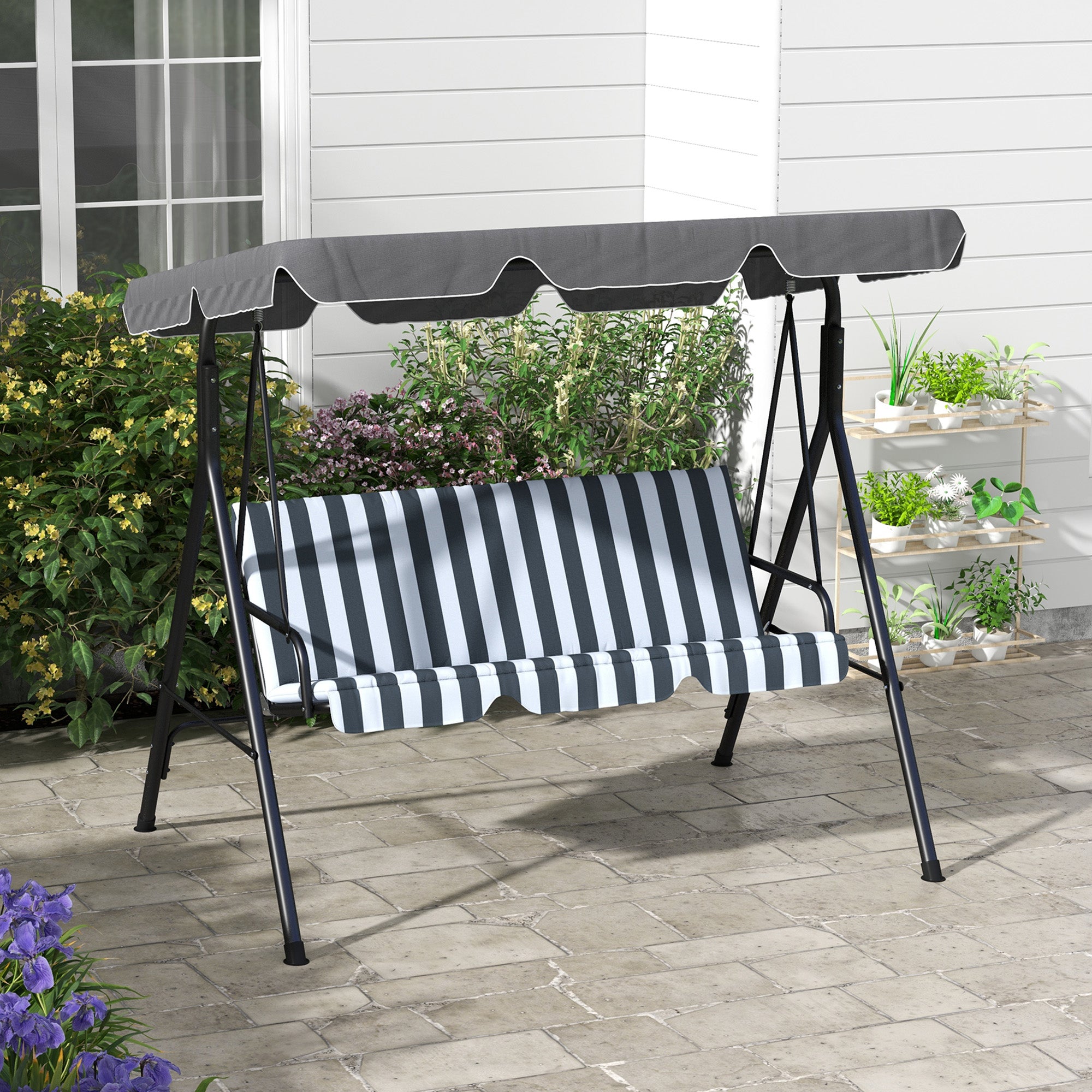 Outsuuny 3-Seater Garden Swing with Adjustable Sunshade, 240 kg Load Capacity, Grey/White