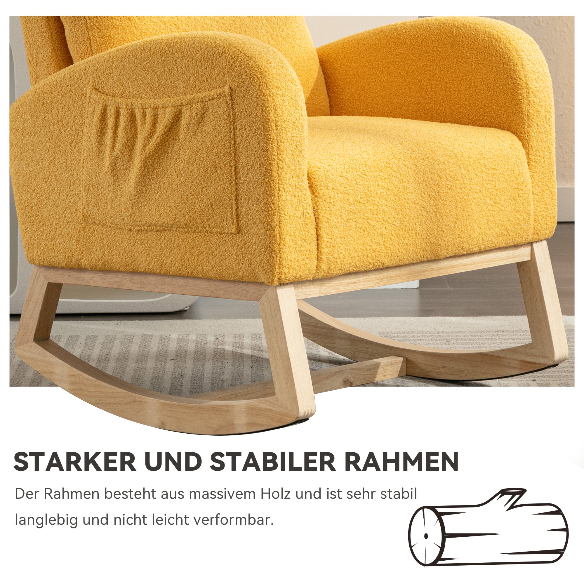 Rocking Chair, Mid-century Modern Upholstered with Padded Seat, Yellow