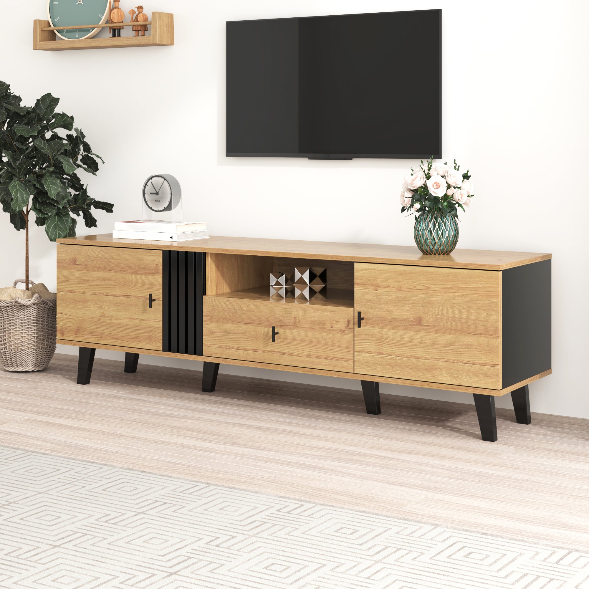 TV Cabinet, 170cm Lowboard with Drawers, Wood and Black