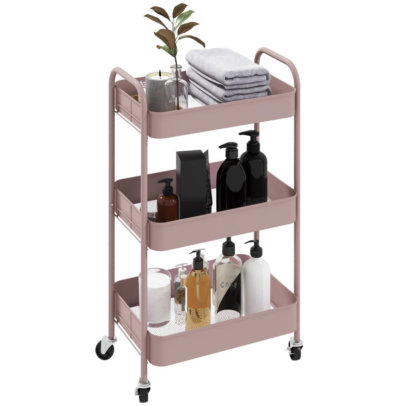Three-Tier Storage Trolley, Multi-Purpose Steel, Pink