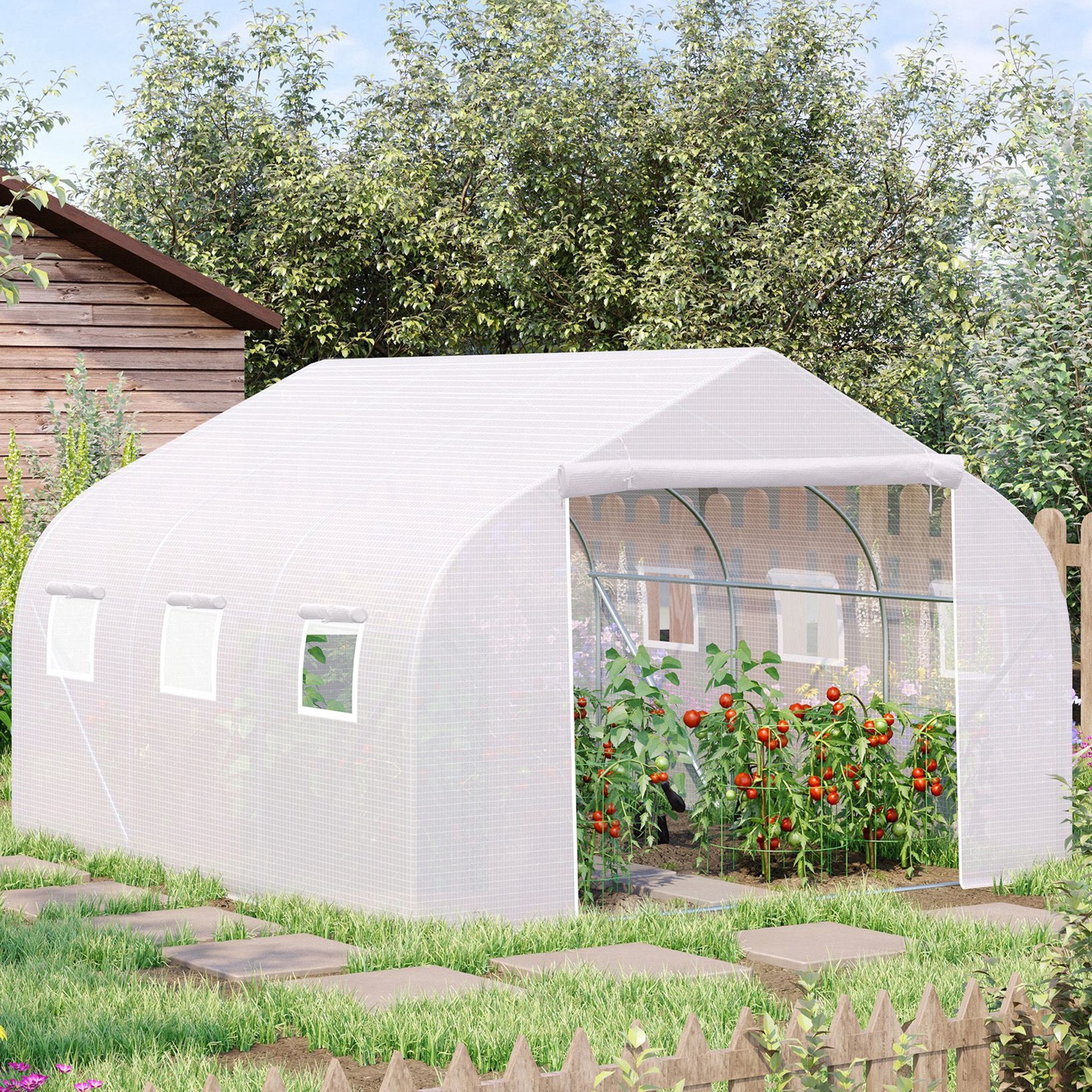 Walk-In Polytunnel Greenhouse, 4.5 x 3 x 2m with Door and Windows, White