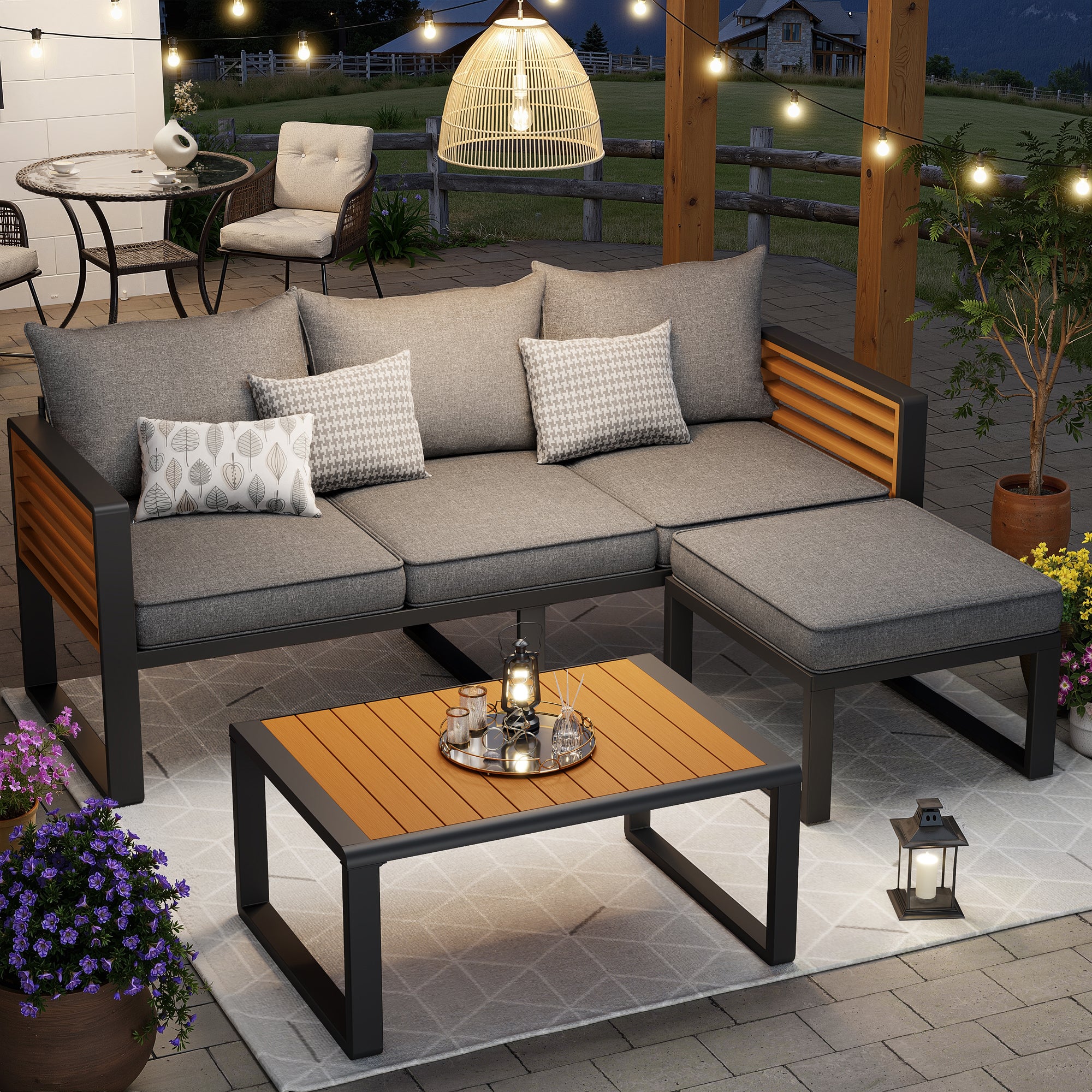 Garden Lounge Set 3-4 Seater Modern Outdoor Sofa - Galvanized Iron Frame