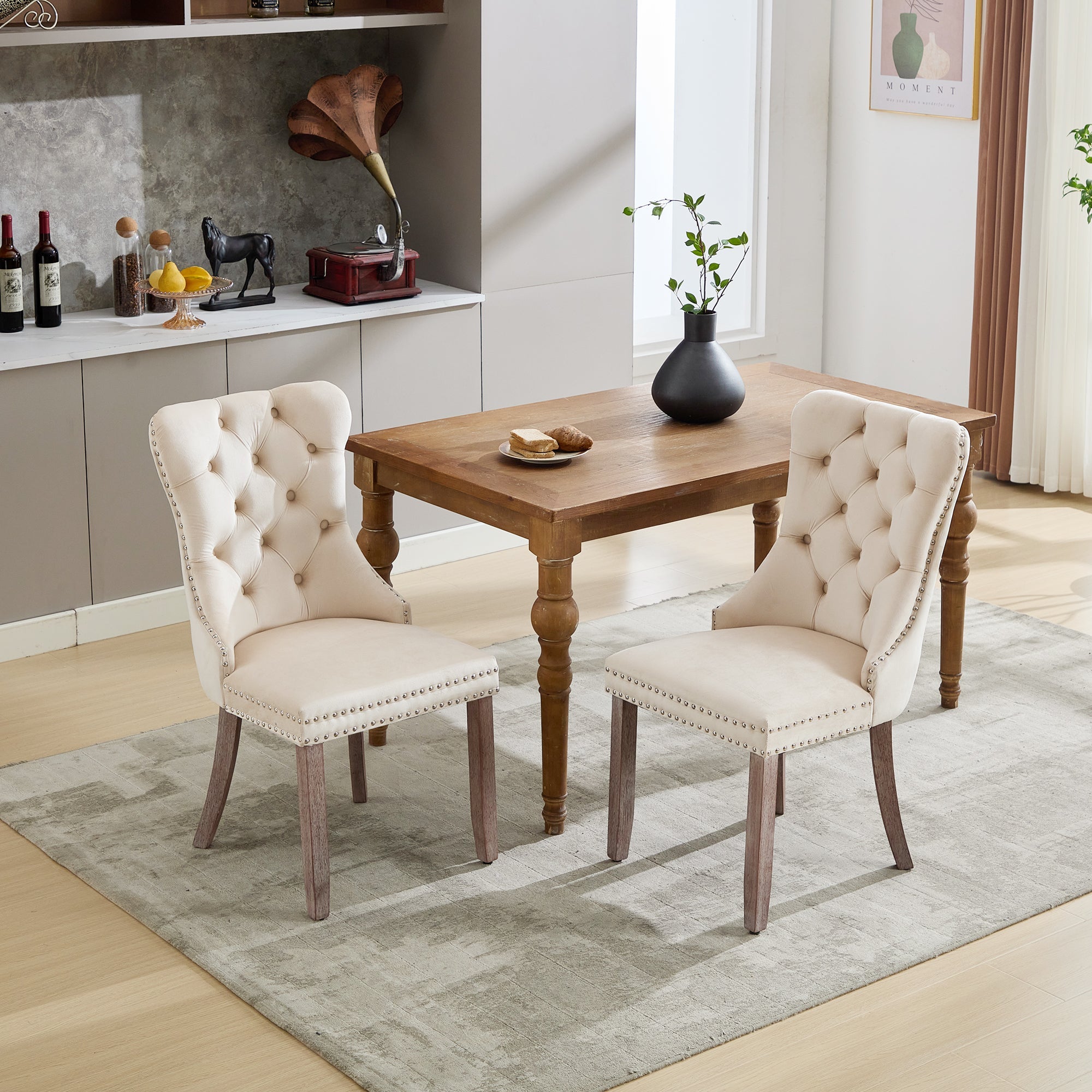 Modern Set of 2 Upholstered Velvet Dining Chairs, Button Tufted Kitchen Lounge Chairs with Brushed Wood Legs, Riveted Trim and Knocker Ring, for Dining Room Living Room, Beige (Old SKU: PP311356AAW)