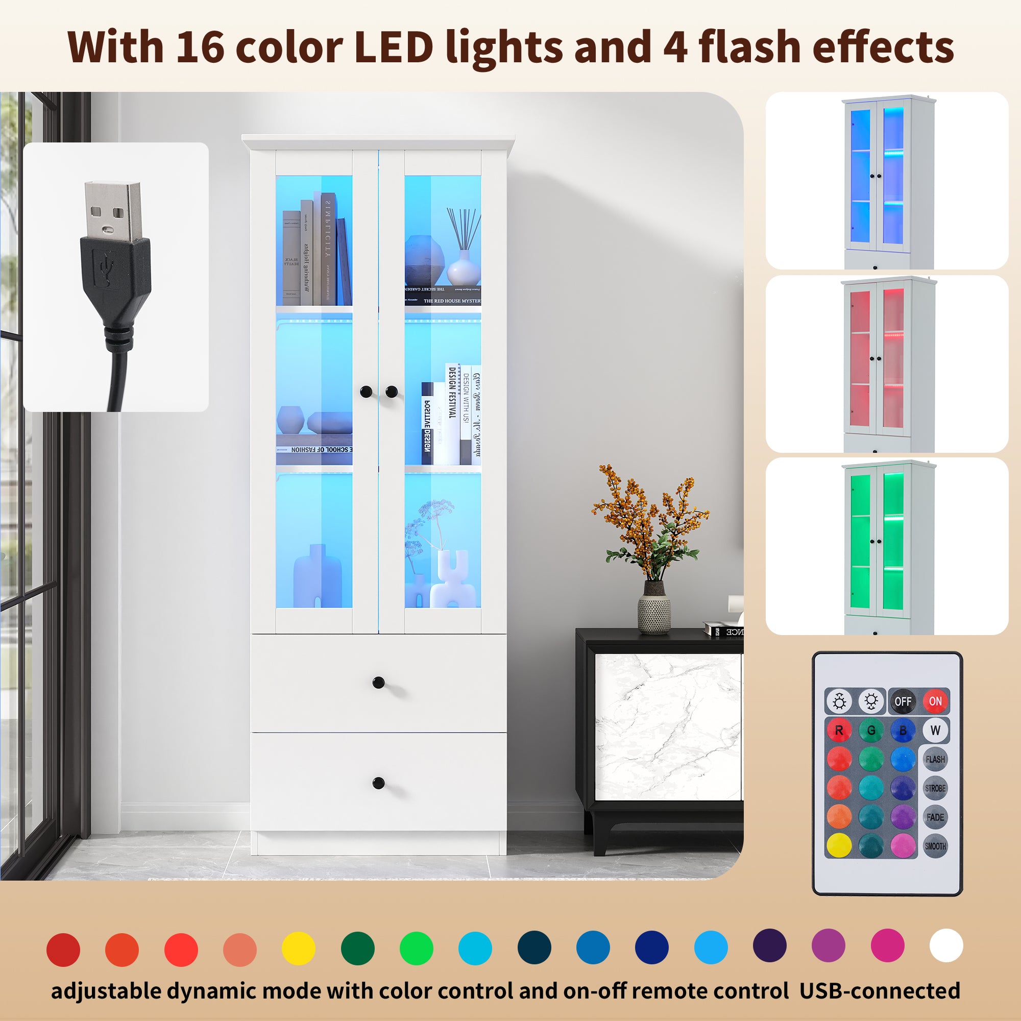 Modern LED Display Cabinet, 165cm, USB Port, 2 Drawers, Hinged Doors, Matte White MDF
