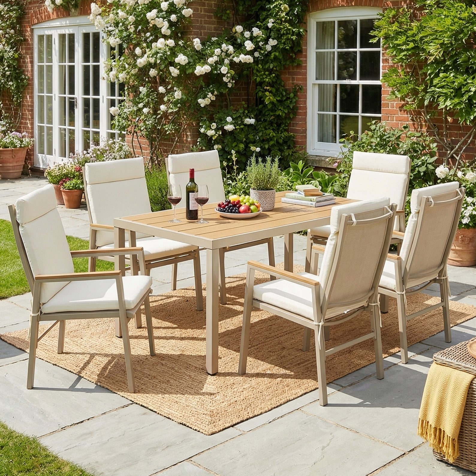 Garden Dining Set, 7-Piece Furniture Set for 6 People with 1 Table and 6 Chairs, Galvanized Iron and Plastic Wood, Khaki and Beige