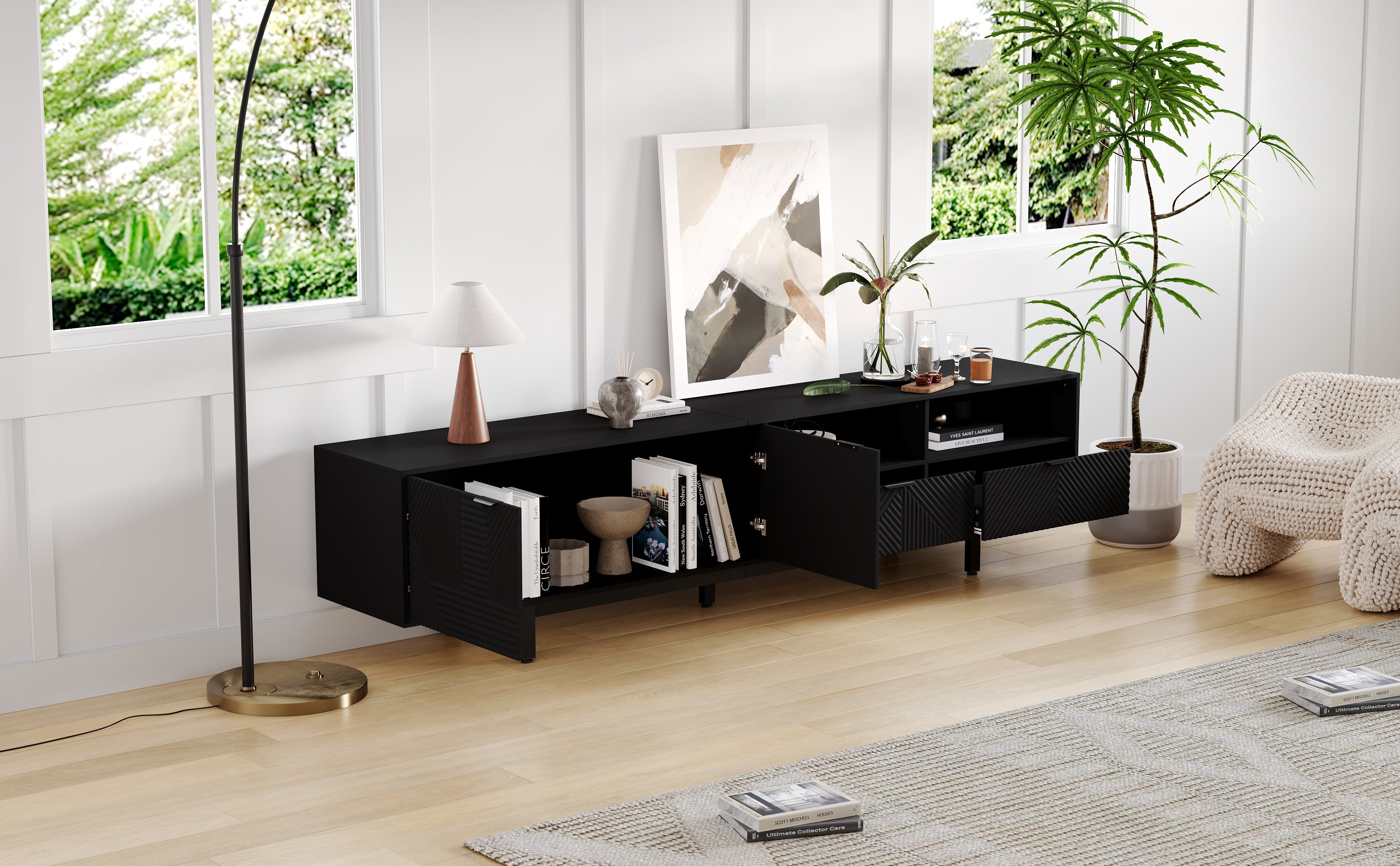 TV Cabinet Entertainment Center with Storage, Black Geometric Lines, Modern Bohemian Style