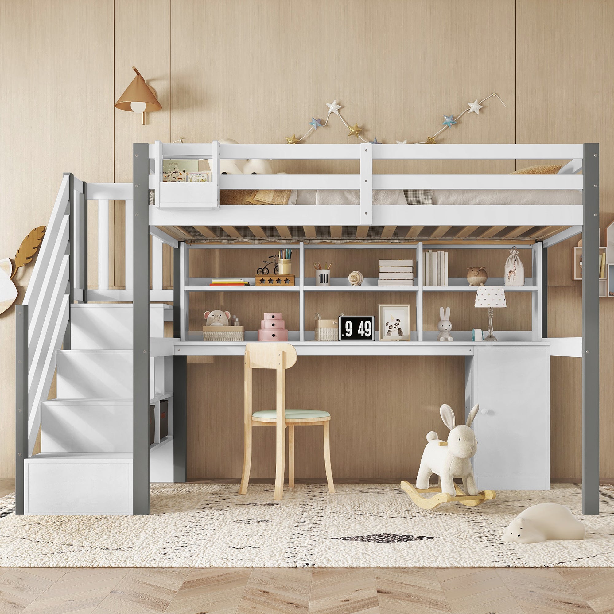 Mid-height bed, fabric storage box, side ladder, open shelf, desk and lockers, Pine+MDF, White+Grey