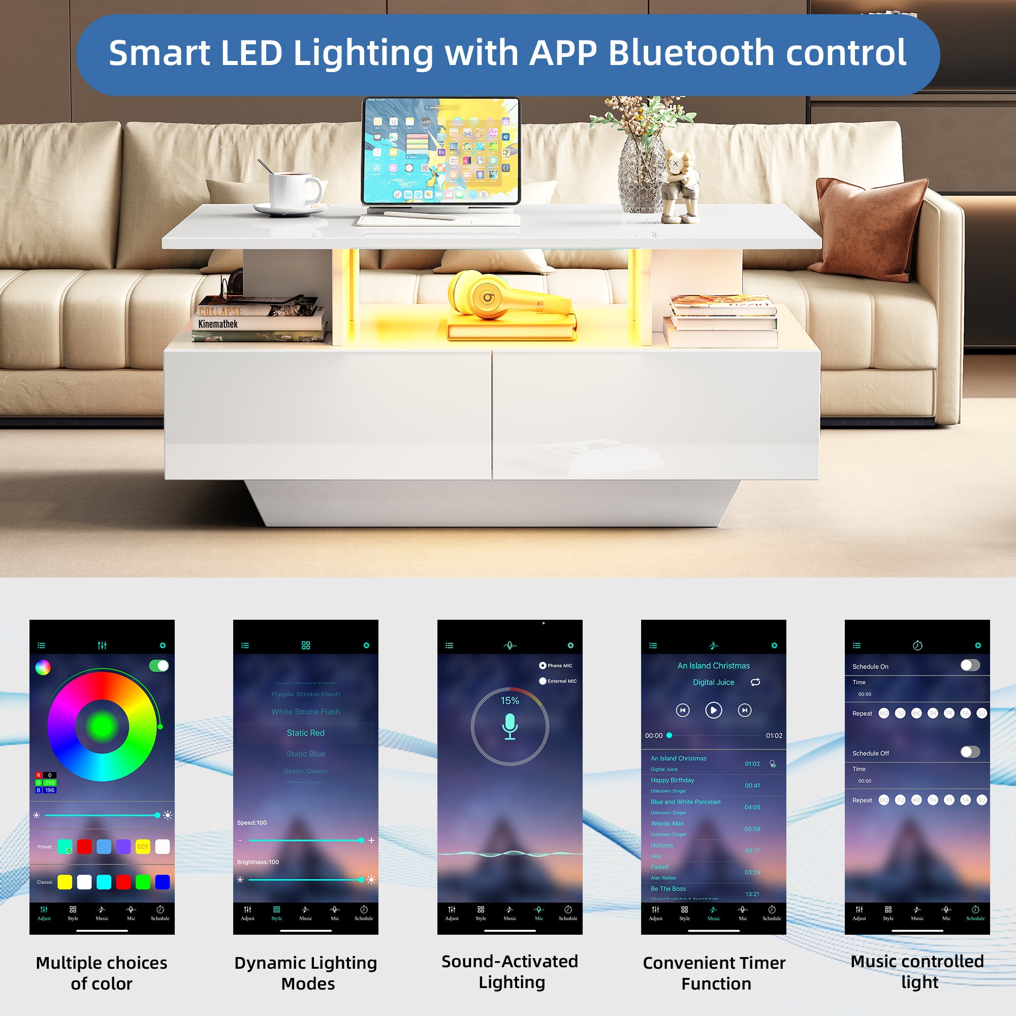 Modern high-gloss coffee table with LED lighting and 2 drawers 90x55x41 cm, 30 kg load capacity