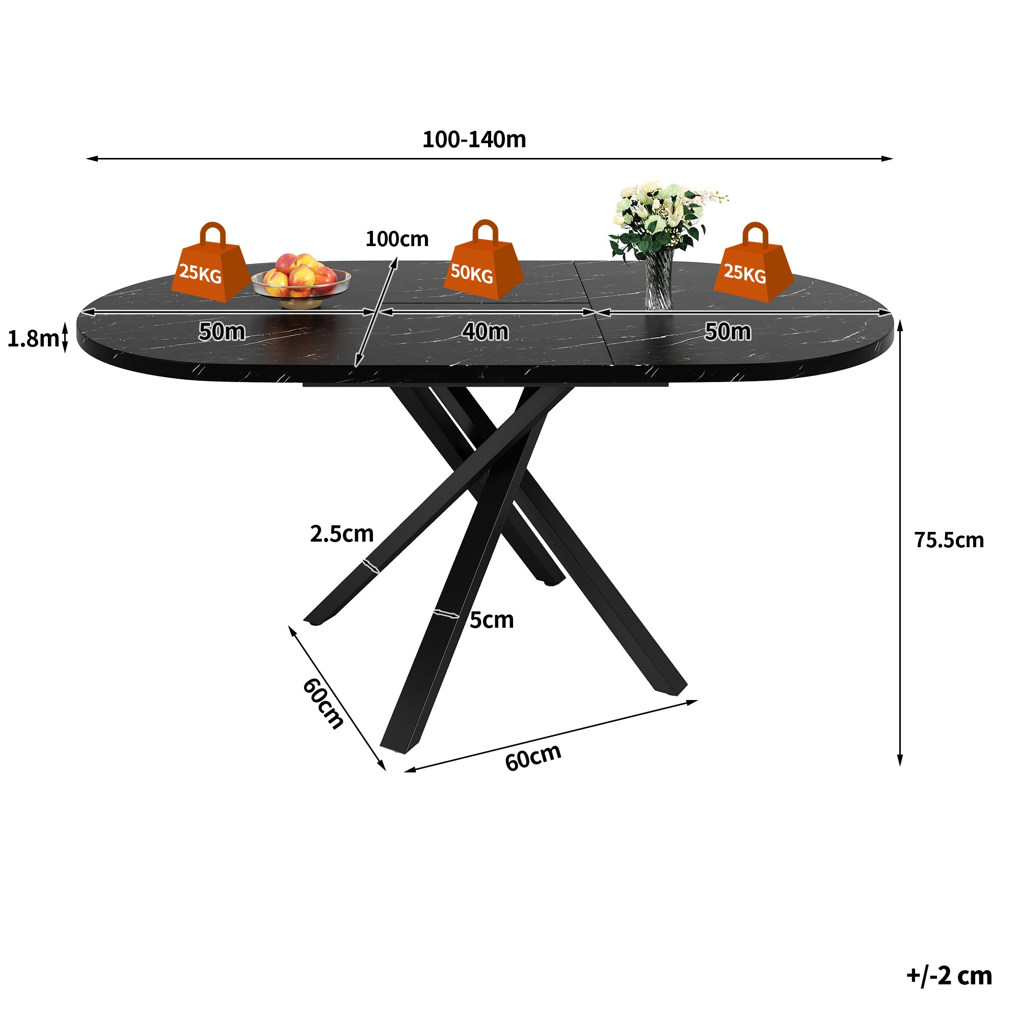 Round Extendable Dining Table, X-Metal Frame, Marble Look Black