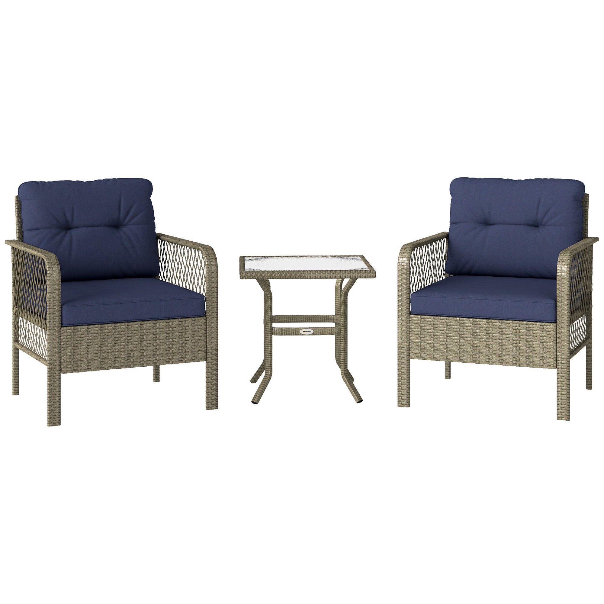 3 Pieces Rattan Bistro Set, Glass Top Table & Cushioned Chairs, Charcoal Grey