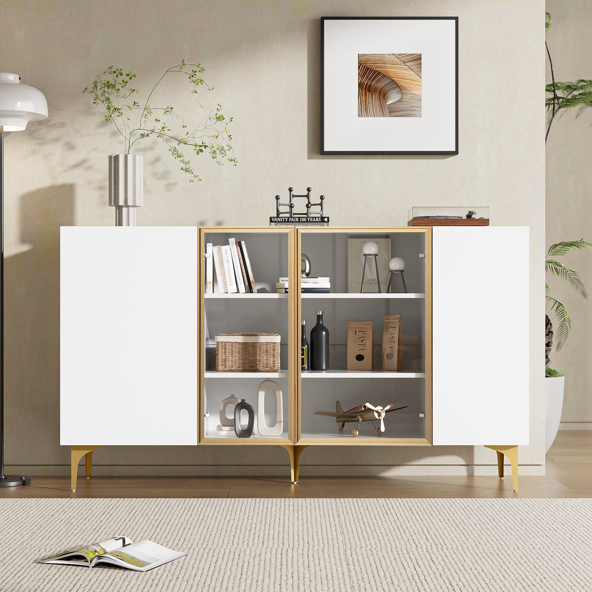 Sideboard, 4-Door with Glass & Metal, Handleless, White