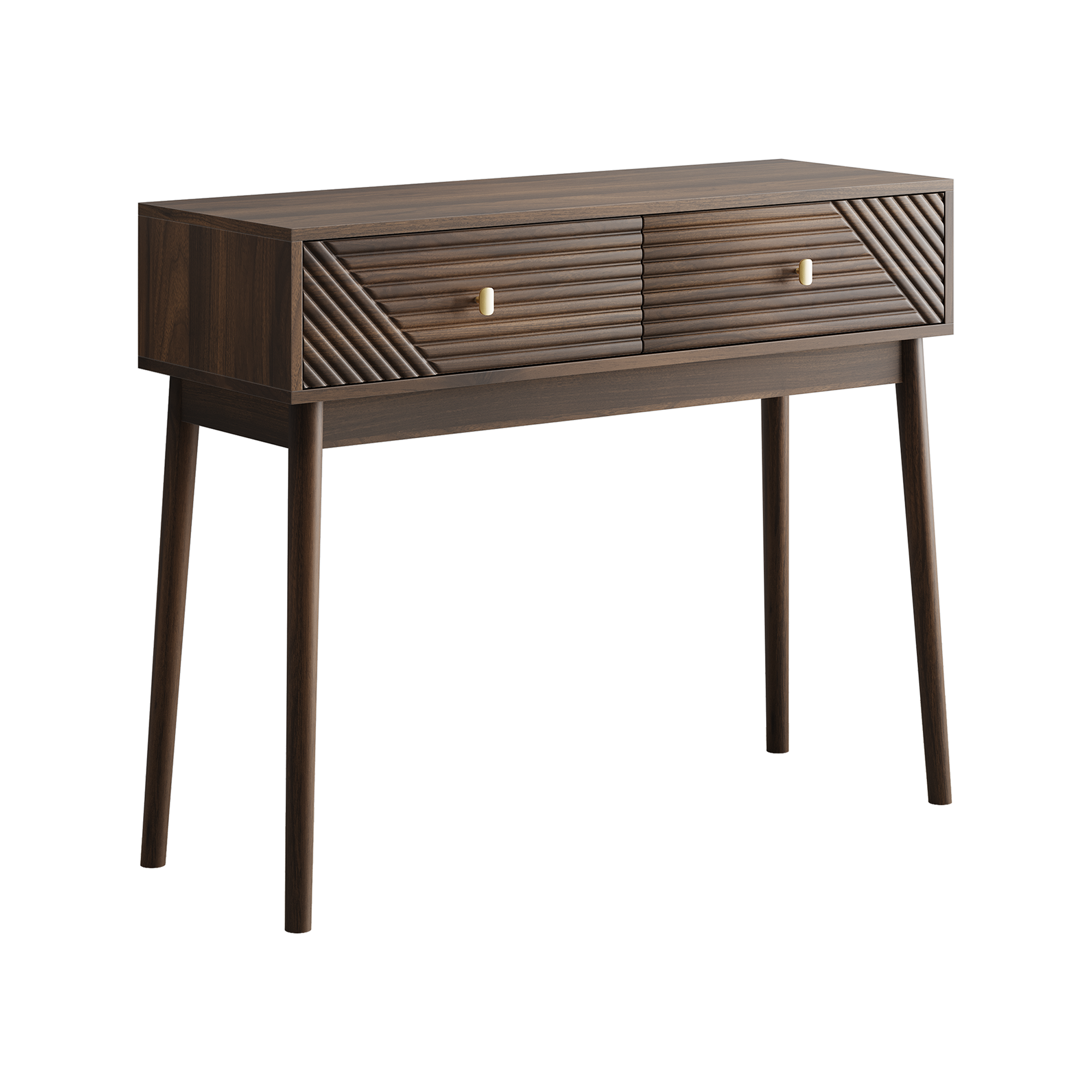 Desk, Console Table with Drawers and Open Shelves, Walnut