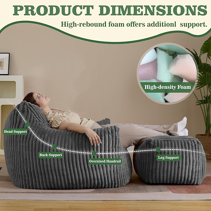 Bean Bag Chair with Footrest, Shredded Foam with Effortless Rebound, Corduroy