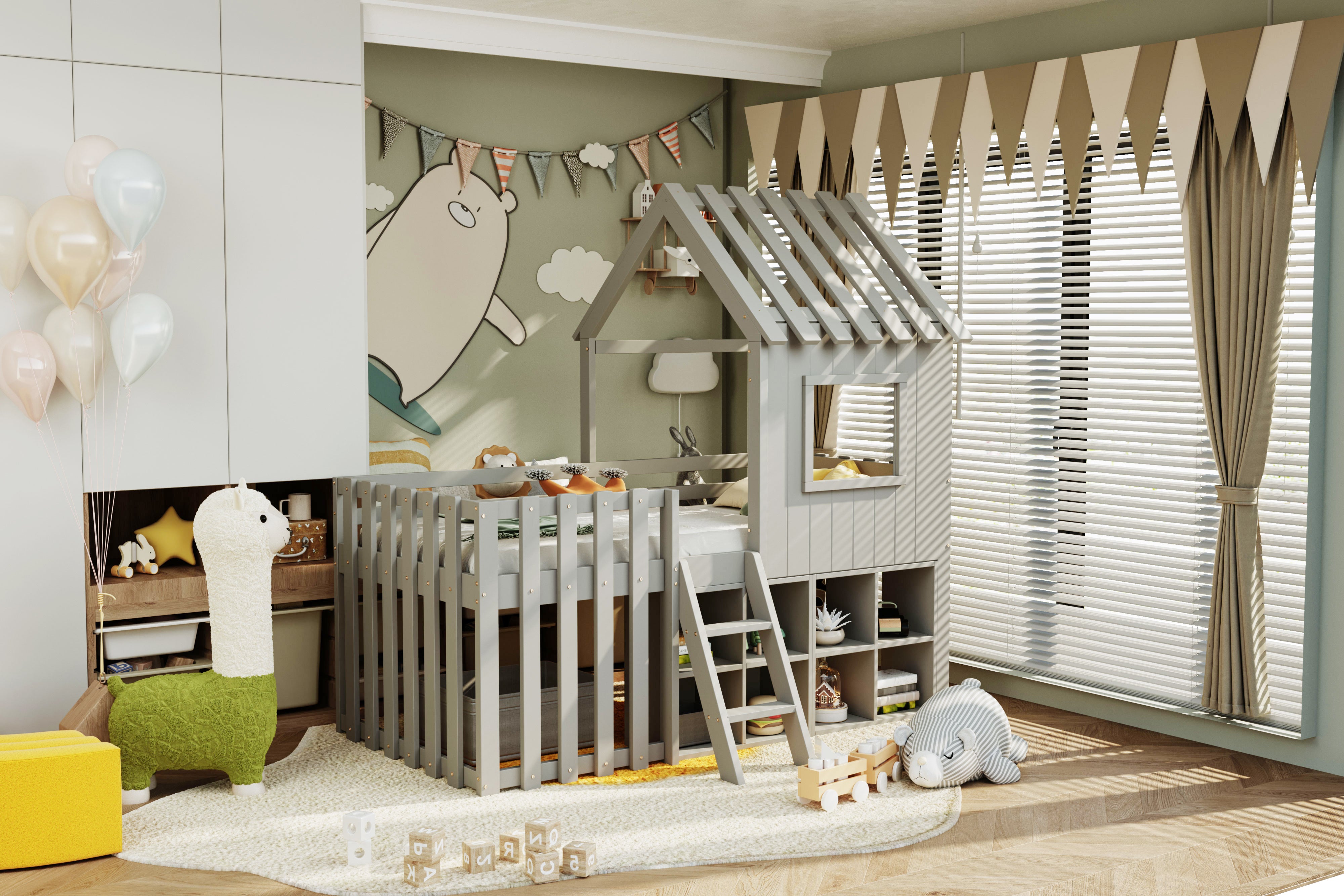 Children's House Bed 90x200, Roof & Window, Open Storage, Climbing Ladder, Solid Wood, Gray