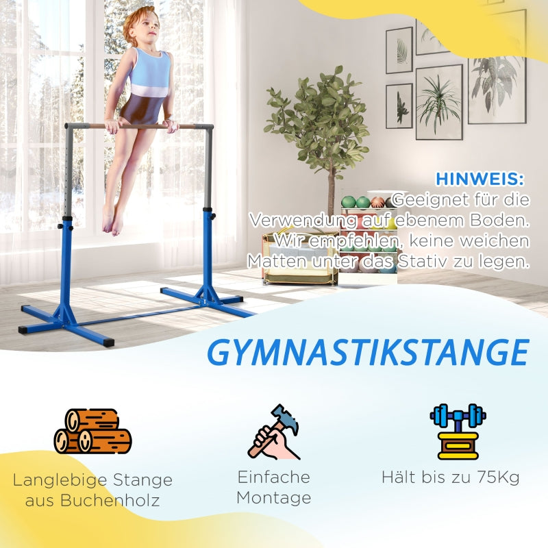Gymnastics Bar with 13-Level Height Adjustment and Wooden Steel Construction, Blue